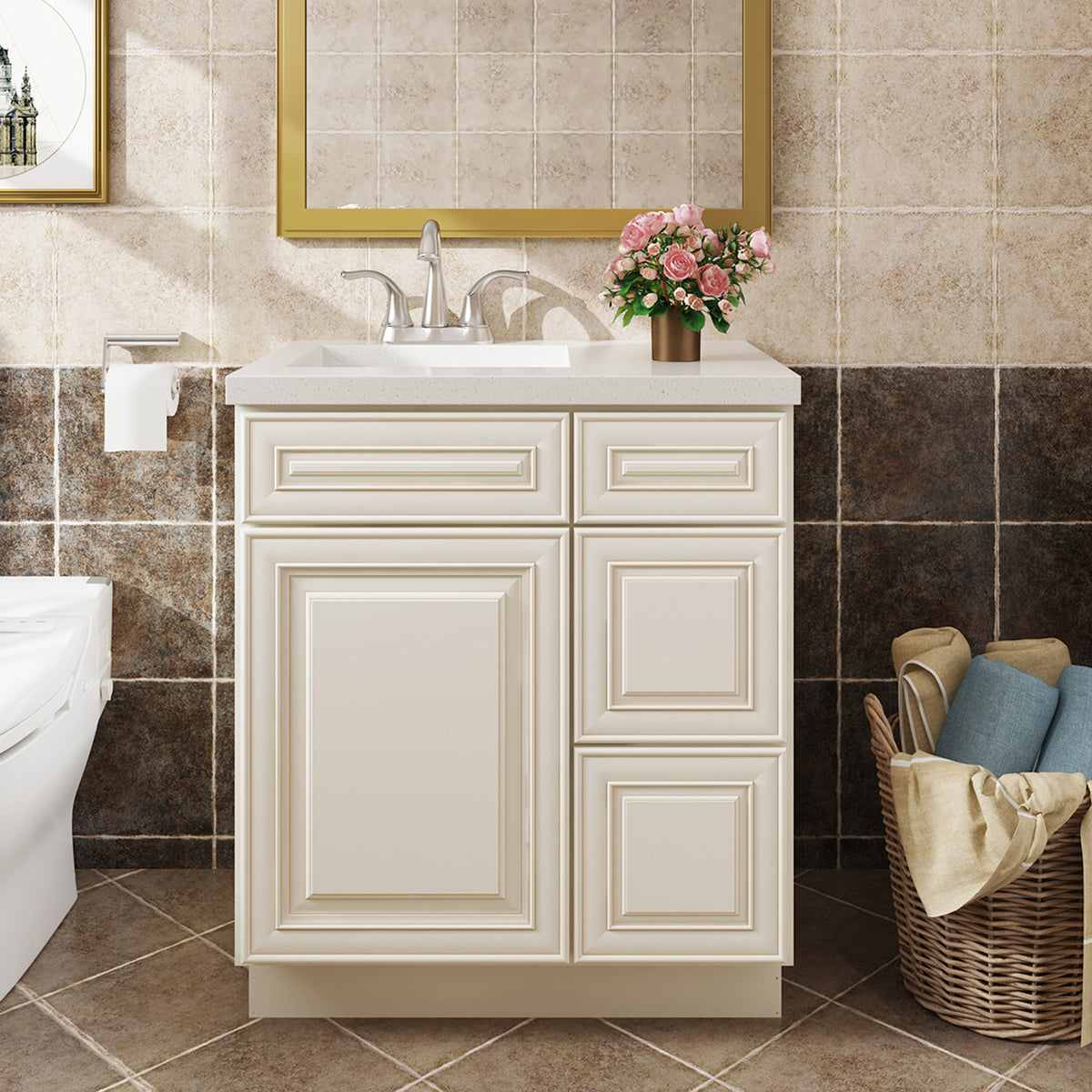 V Series One Left Door Three Drawer Bathroom Vanity Base Cabinet, Kitchen Cabinet