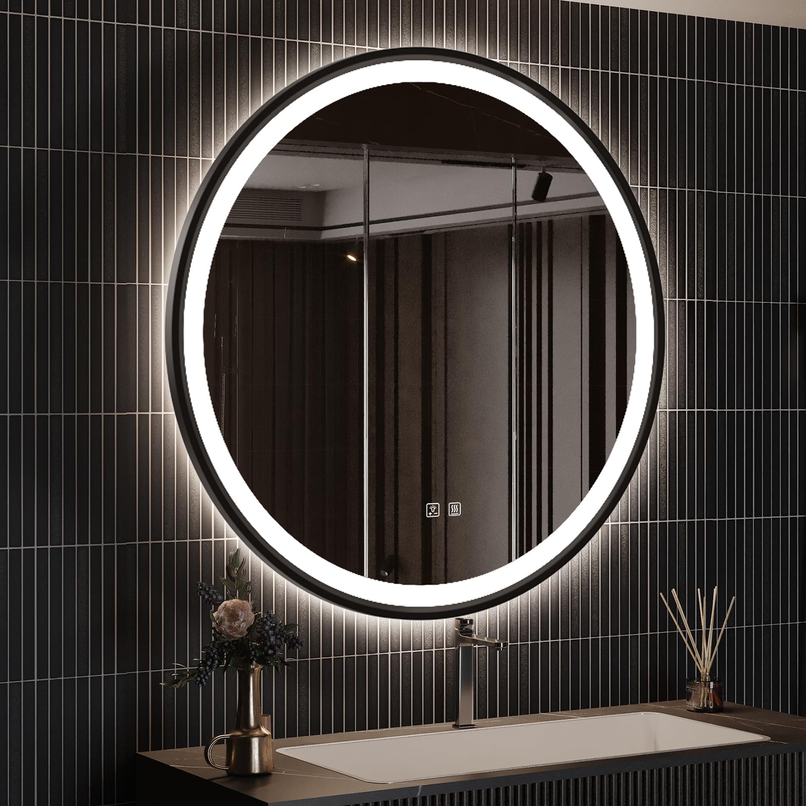 4 in 1 Black Framed Round Bathroom Mirror