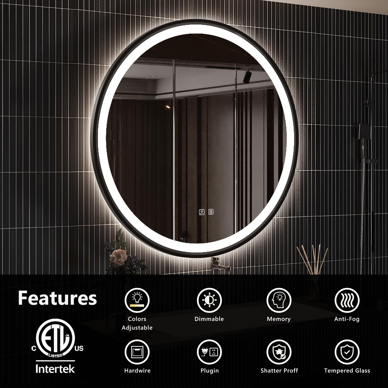 4 in 1 Black Framed Round Bathroom Mirror