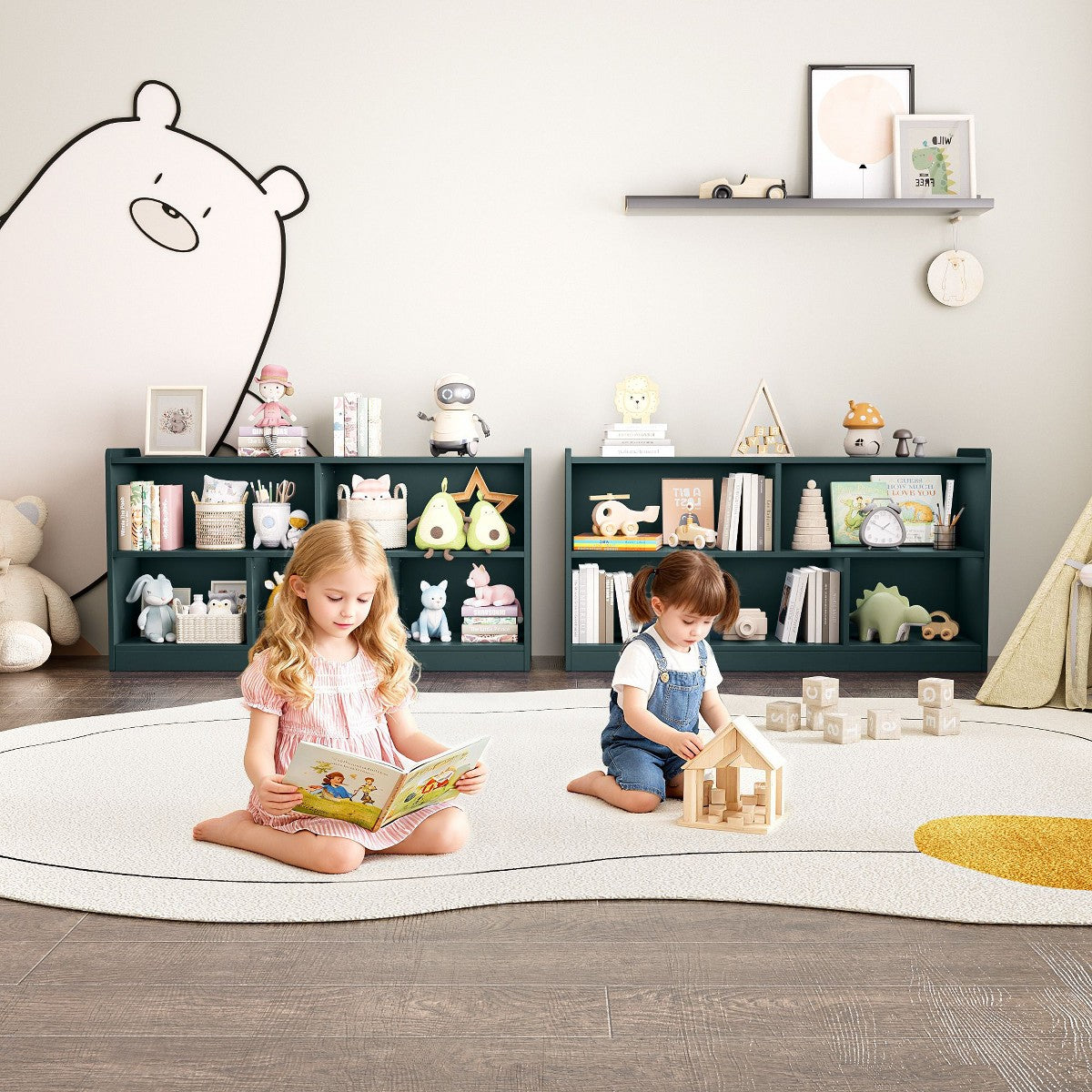 Wooden Storage Cabinet with 5 Sections Montessori Kids Bookshelf and Toy Organizer for Nursery Playroom and Classroom