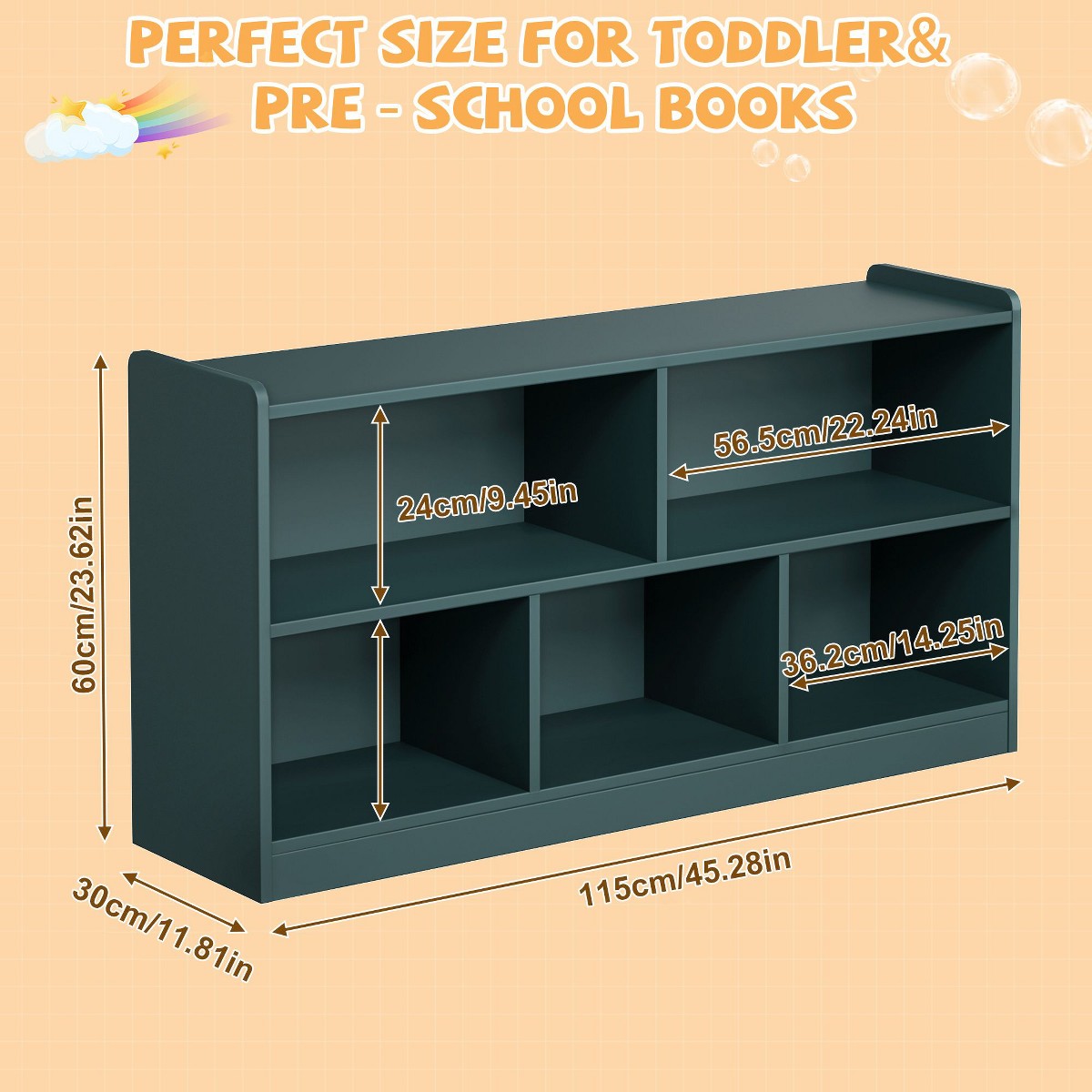 Wooden Storage Cabinet with 5 Sections Montessori Kids Bookshelf and Toy Organizer for Nursery Playroom and Classroom