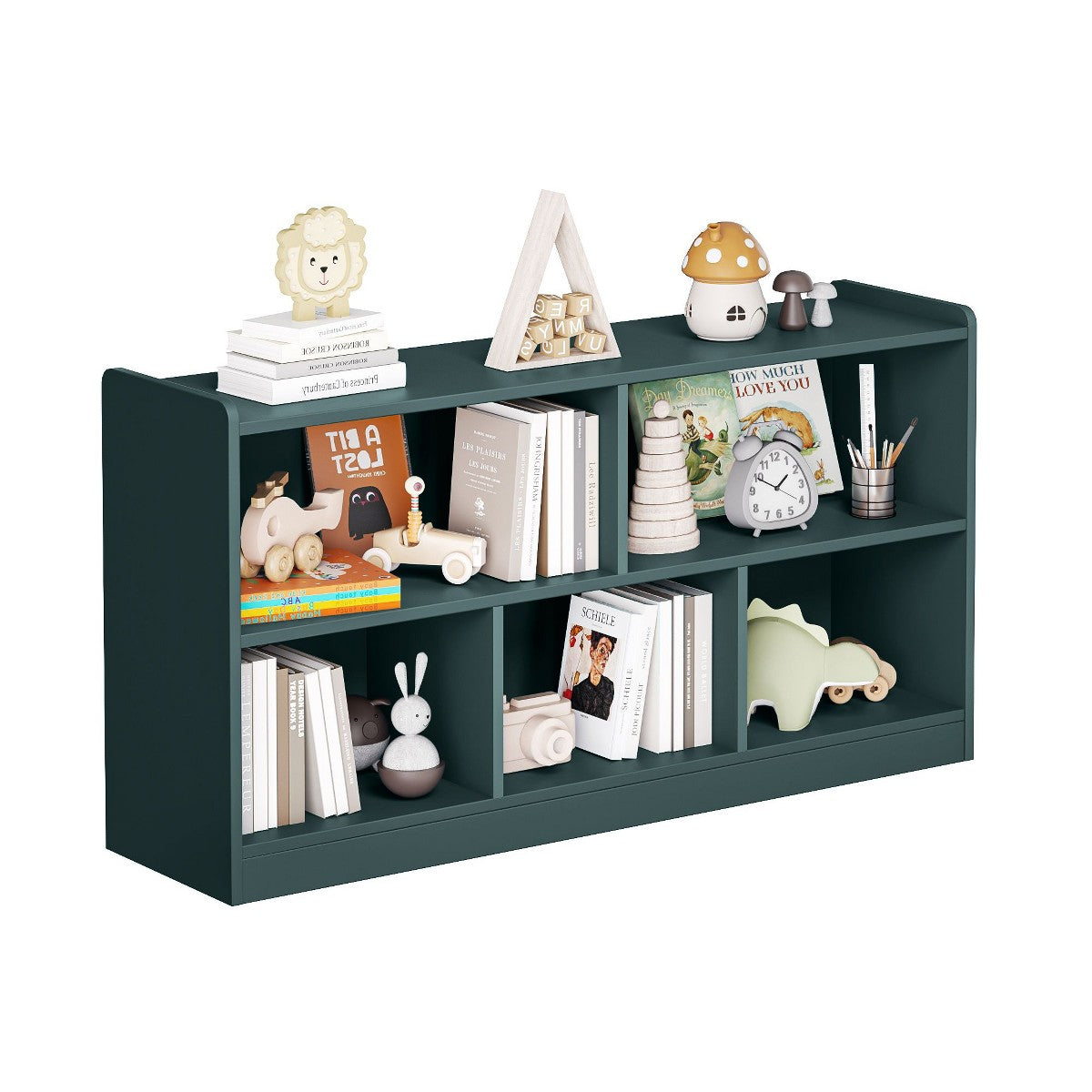 Wooden Storage Cabinet with 5 Sections Montessori Kids Bookshelf and Toy Organizer for Nursery Playroom and Classroom