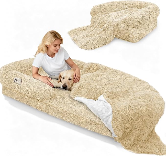 Foldable Human Dog Bed, Orthopedic Memory Foam Giant Bed Fits Adult and Pet Waterproof Washable 10 CM Thick 2 in 1 Flexible Oversize Pet Couch Sofa with Blanket,Pocket