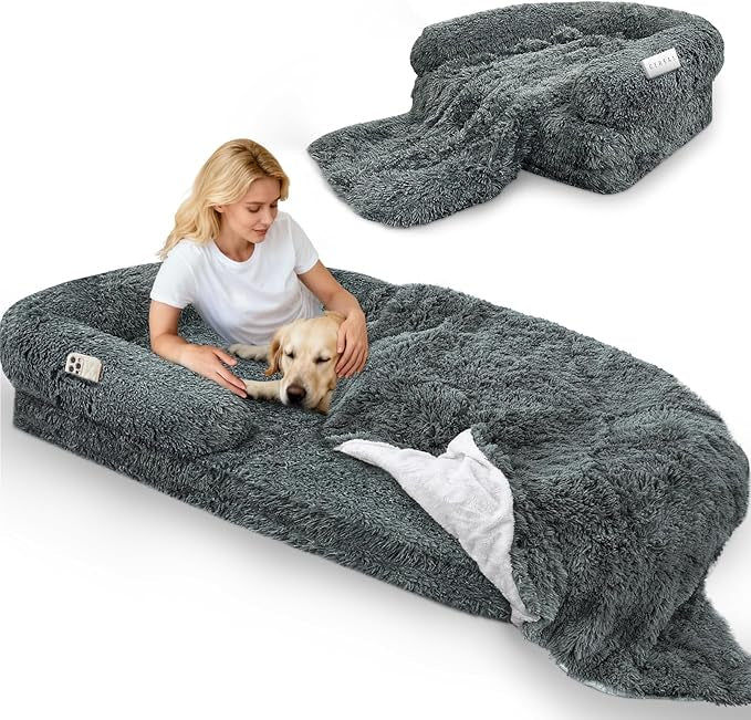Foldable Human Dog Bed, Orthopedic Memory Foam Giant Bed Fits Adult and Pet Waterproof Washable 10 CM Thick 2 in 1 Flexible Oversize Pet Couch Sofa with Blanket,Pocket