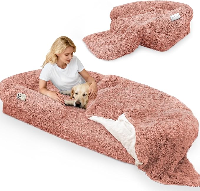 Foldable Human Dog Bed, Orthopedic Memory Foam Giant Bed Fits Adult and Pet Waterproof Washable 10 CM Thick 2 in 1 Flexible Oversize Pet Couch Sofa with Blanket,Pocket