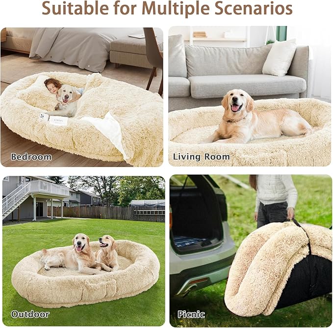 Human Dog Bed, Fits Adult and Pet Washable Giant People Bed 10 CM Thick Memory Foam Large Oversize Pet Bed with Plump Pillow, Blanket, Strap