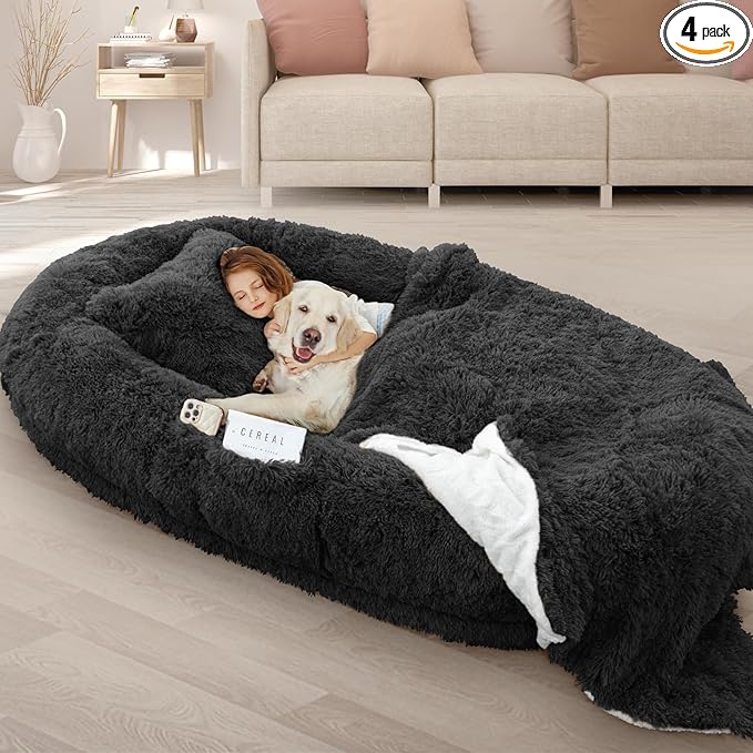 Human Dog Bed, Fits Adult and Pet Washable Giant People Bed 10 CM Thick Memory Foam Large Oversize Pet Bed with Plump Pillow, Blanket, Strap