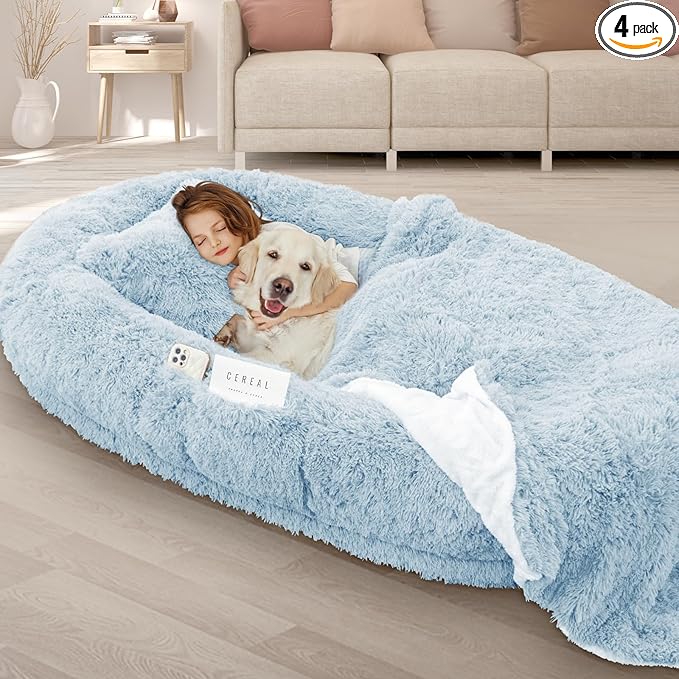 Human Dog Bed, Fits Adult and Pet Washable Giant People Bed 10 CM Thick Memory Foam Large Oversize Pet Bed with Plump Pillow, Blanket, Strap