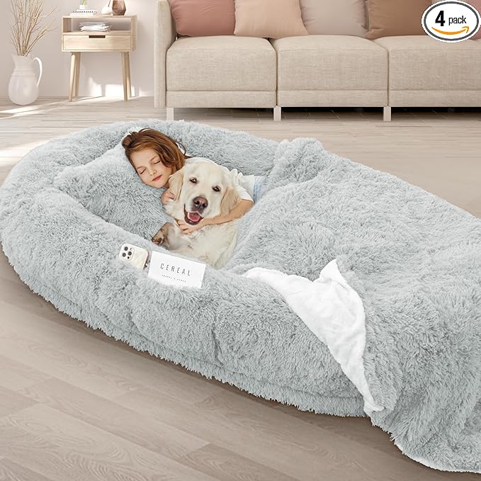Human Dog Bed, Fits Adult and Pet Washable Giant People Bed 10 CM Thick Memory Foam Large Oversize Pet Bed with Plump Pillow, Blanket, Strap