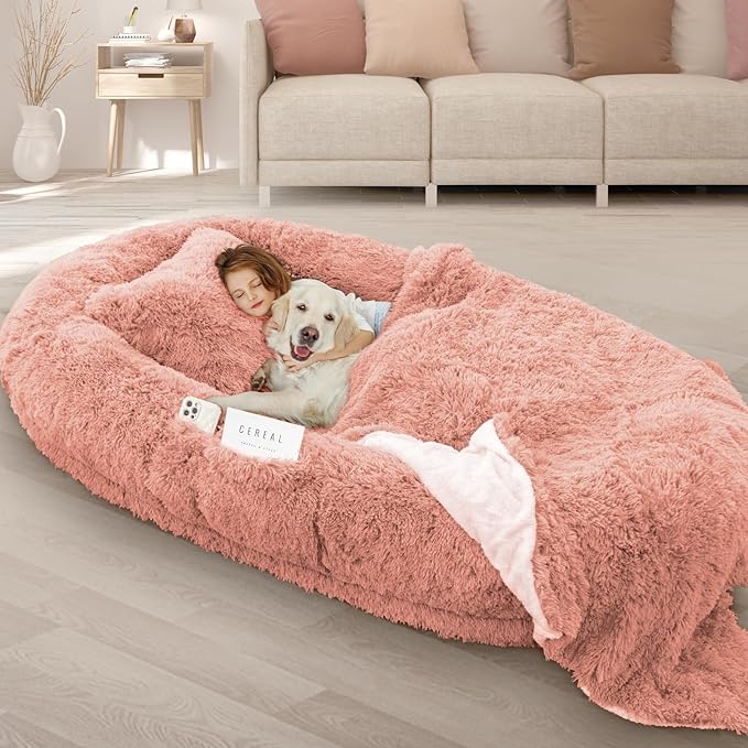 Human Dog Bed, Fits Adult and Pet Washable Giant People Bed 10 CM Thick Memory Foam Large Oversize Pet Bed with Plump Pillow, Blanket, Strap
