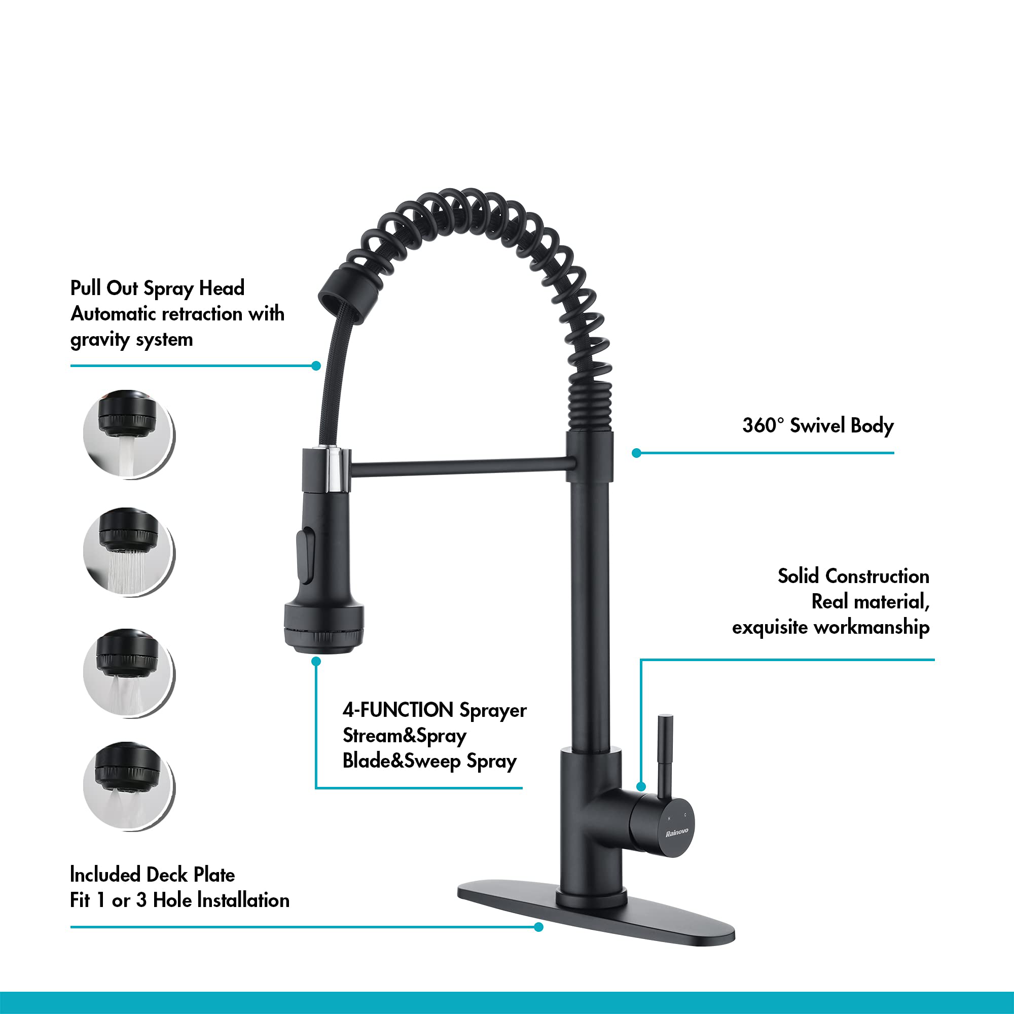Kitchen Faucet with 4 Mode Pull Down Sprayer Matte Black