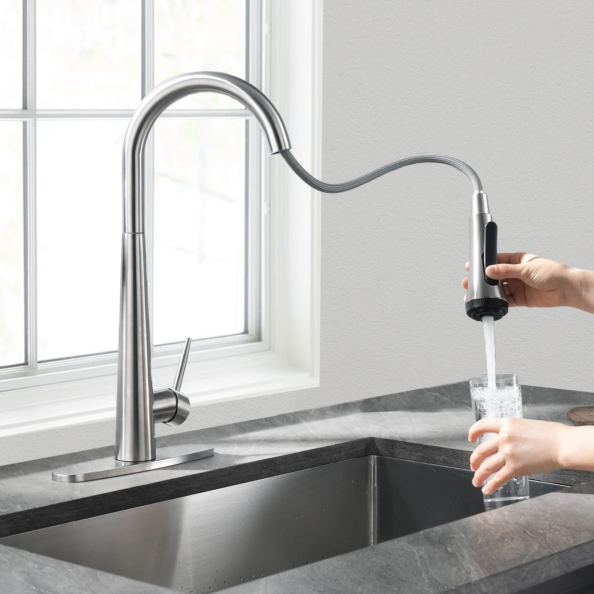 4 Mode Pull Down Sprayer Kitchen Faucet Brushed Nickel with Aquablade Function