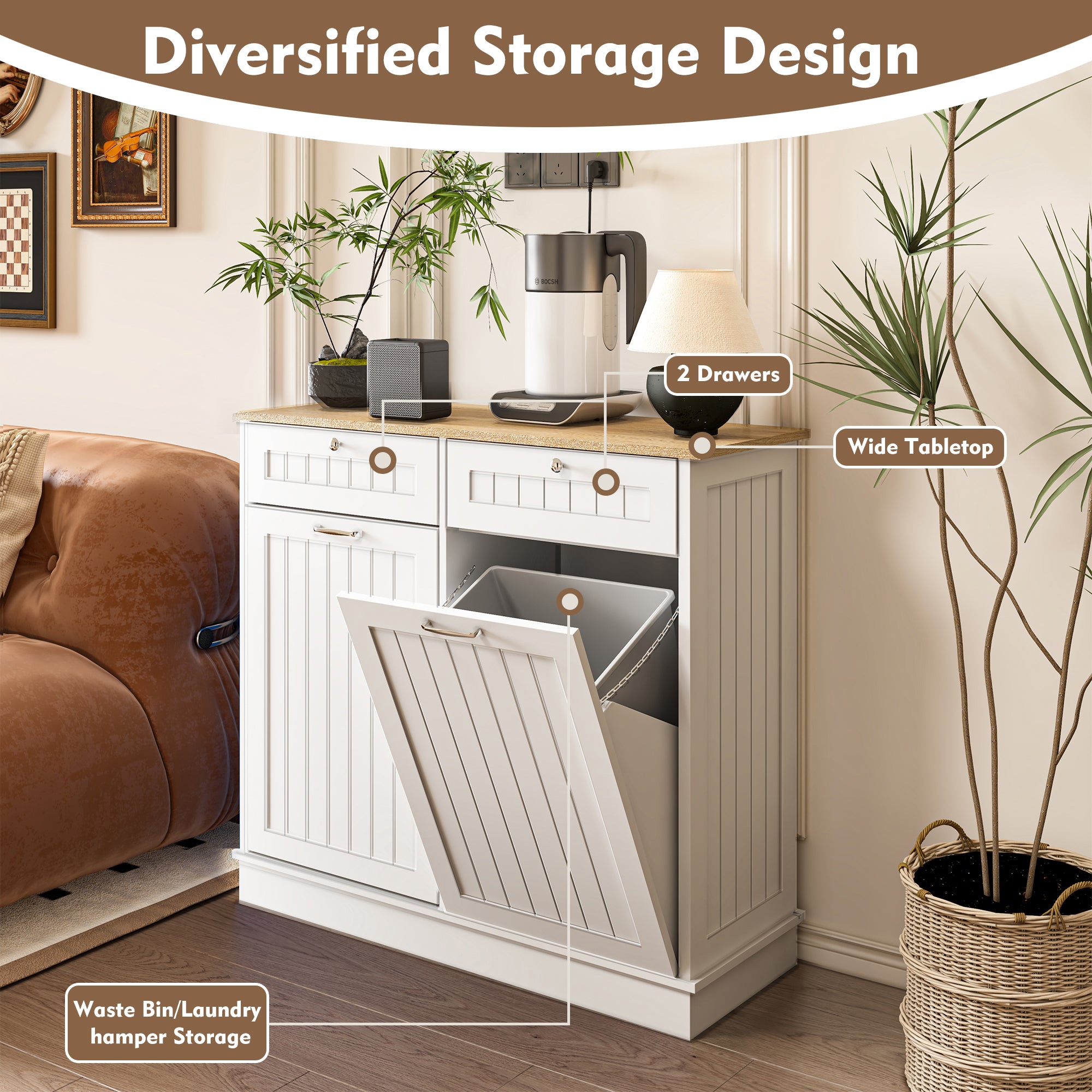 Farmhouse 40 in. W x 14 in. D x 36 in. H Ready to Assemble Cabinets Floor Tilt Out Trash Can Cabinet in White