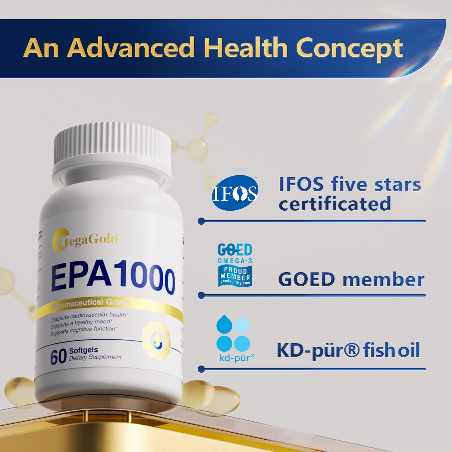Megagold EPA 1000 Offers Pharmaceutical Grade Pure EPA Fish Oil, Supports Cardiovascular Health Function, 80g,60 Count