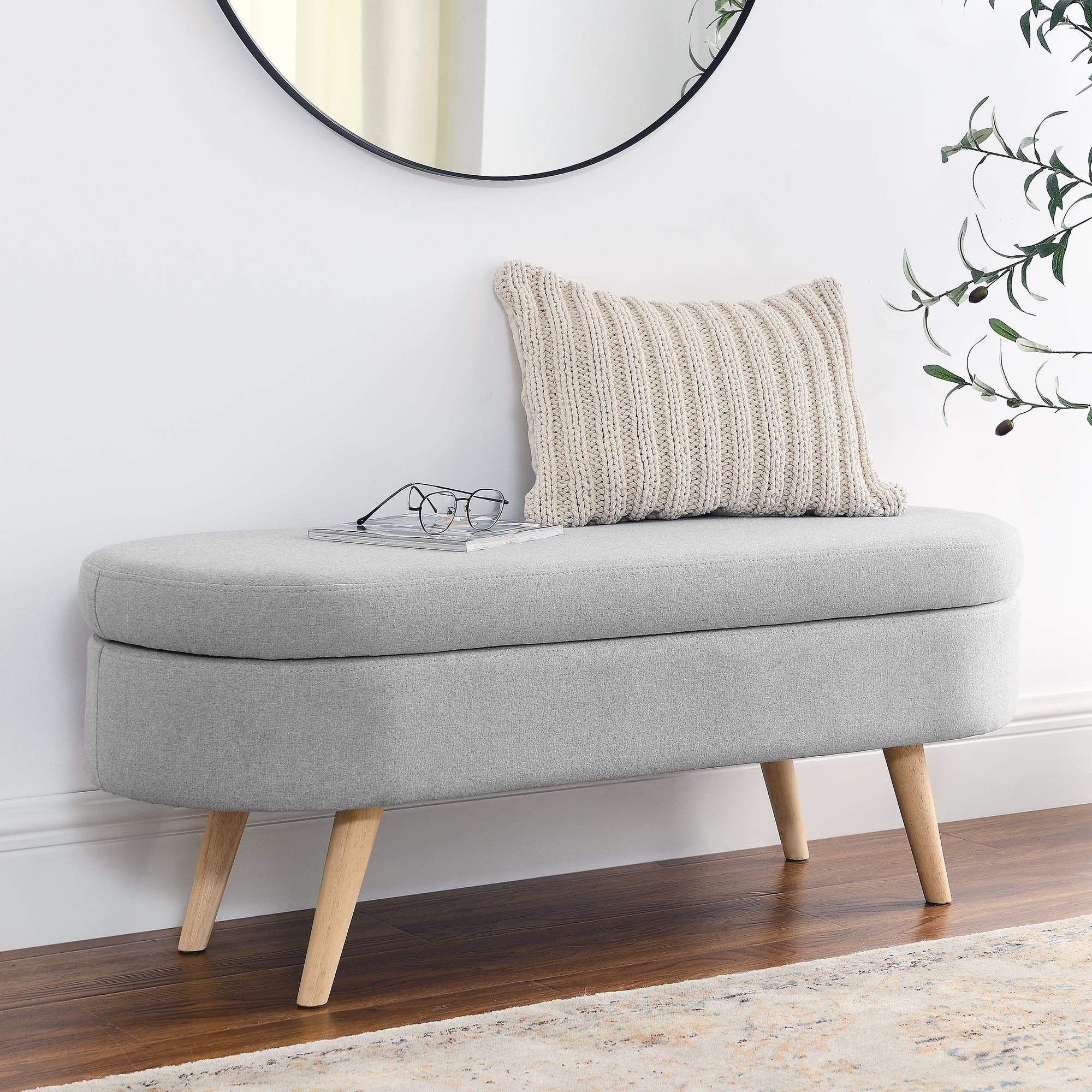 Ottoman Oval Storage Bench,Rubber Wood Legs(43.5"x16"x16")