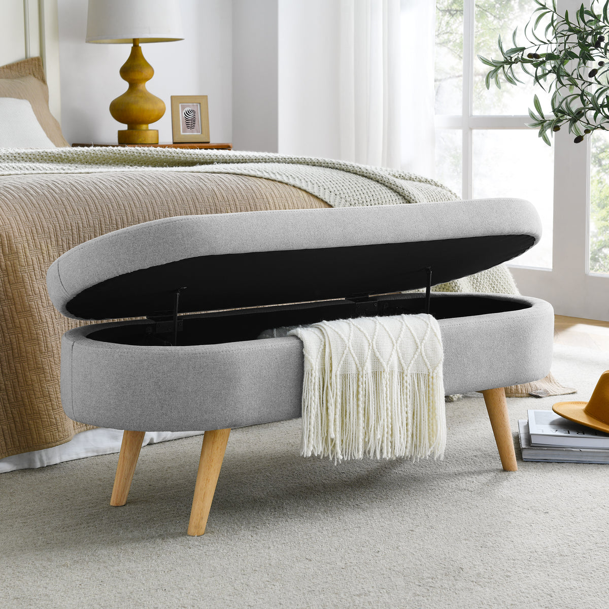 Ottoman Oval Storage Bench,Rubber Wood Legs(43.5"x16"x16")