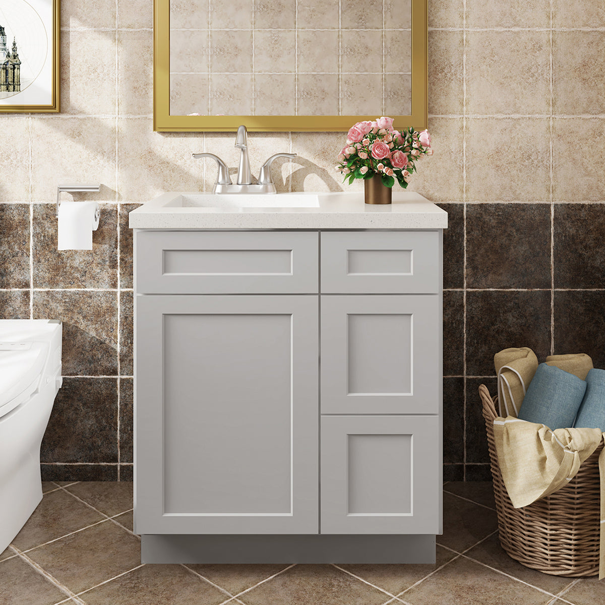 V Series One Left Door Three Drawer Bathroom Vanity Base Cabinet, Kitchen Cabinet