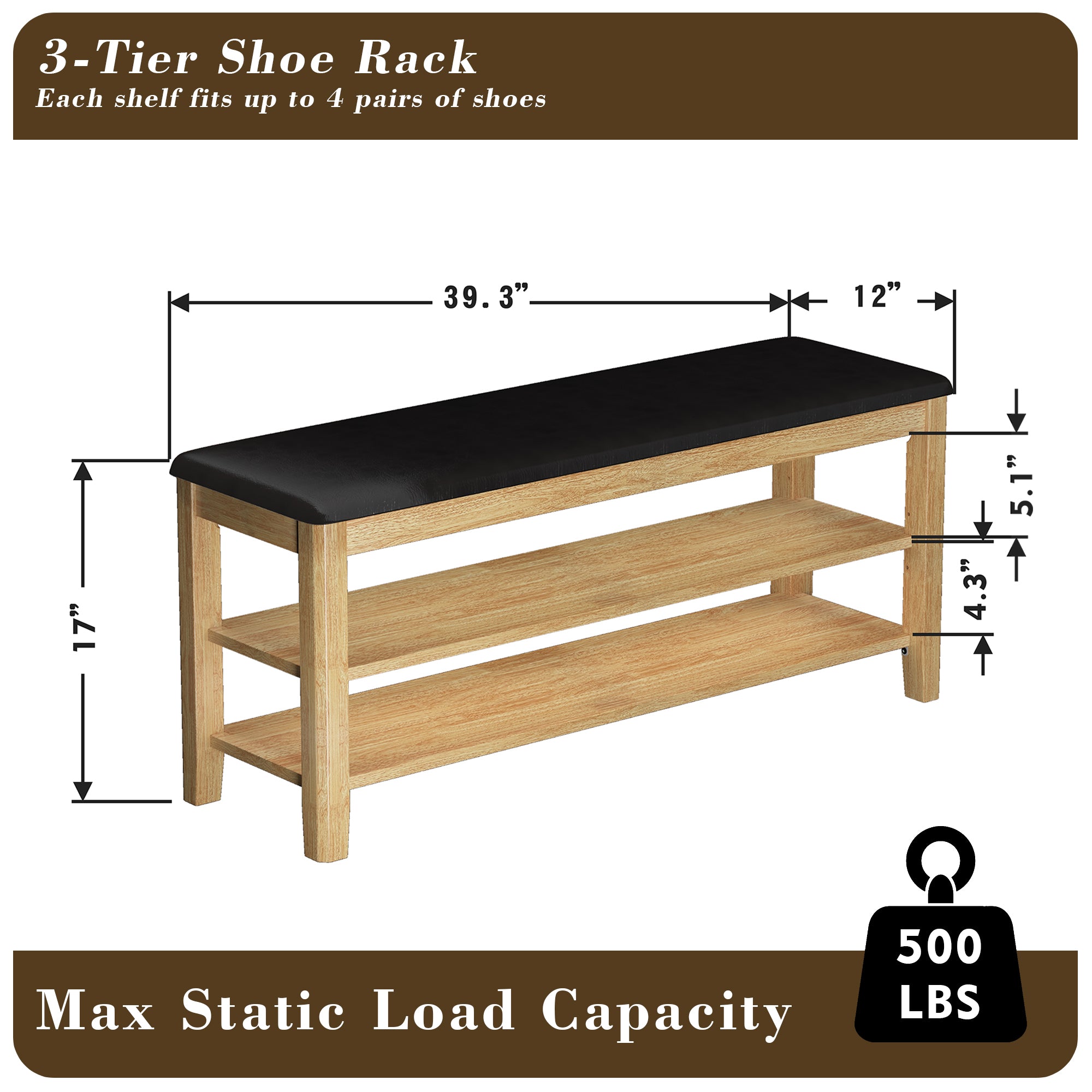 Shoe Rack Bench, 3-Tier Storage Organizer, Entryway Bench, Holds Up to 500 lb, for Entryway Bathroom Bedroom