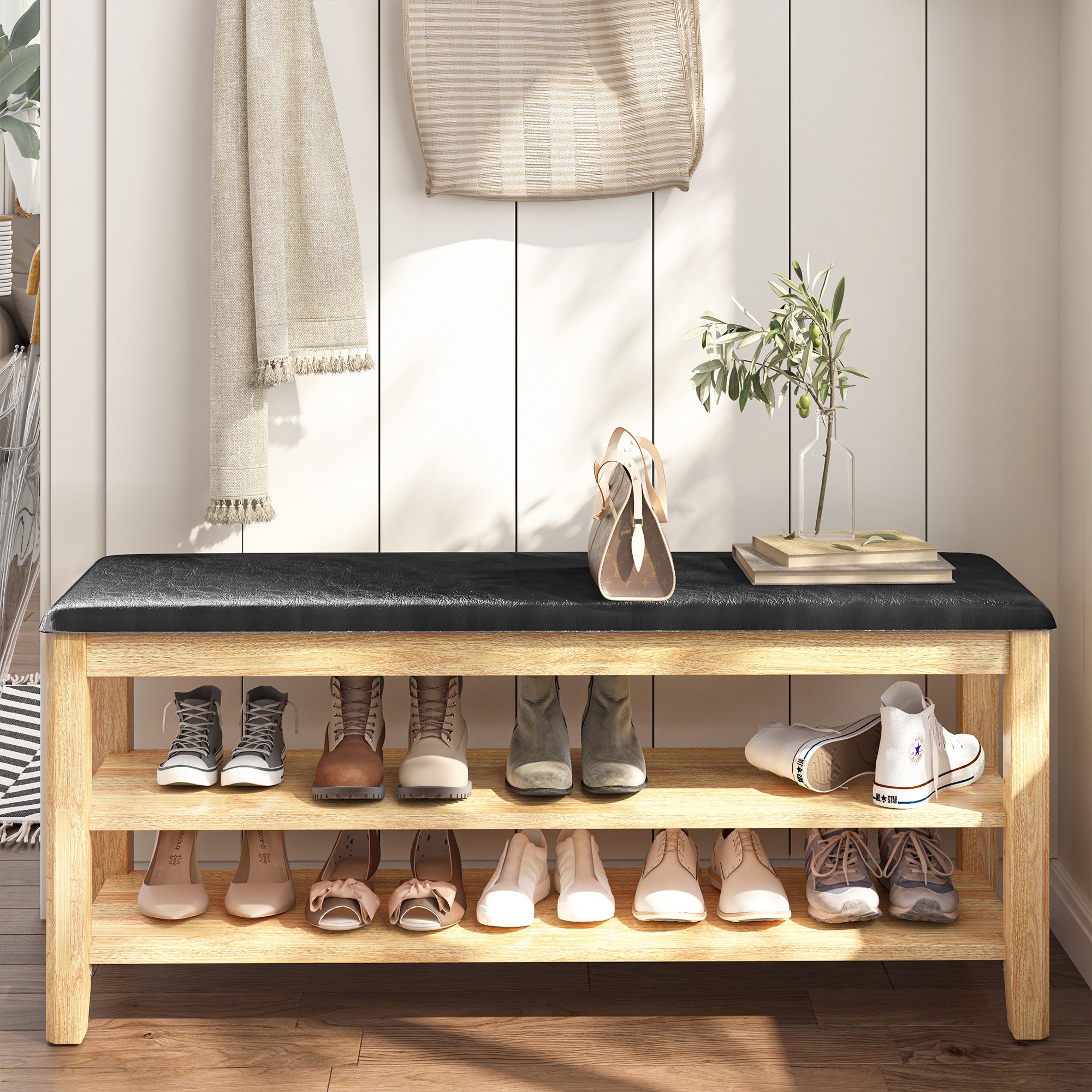 Shoe Rack Bench, 3-Tier Storage Organizer, Entryway Bench, Holds Up to 500 lb, for Entryway Bathroom Bedroom