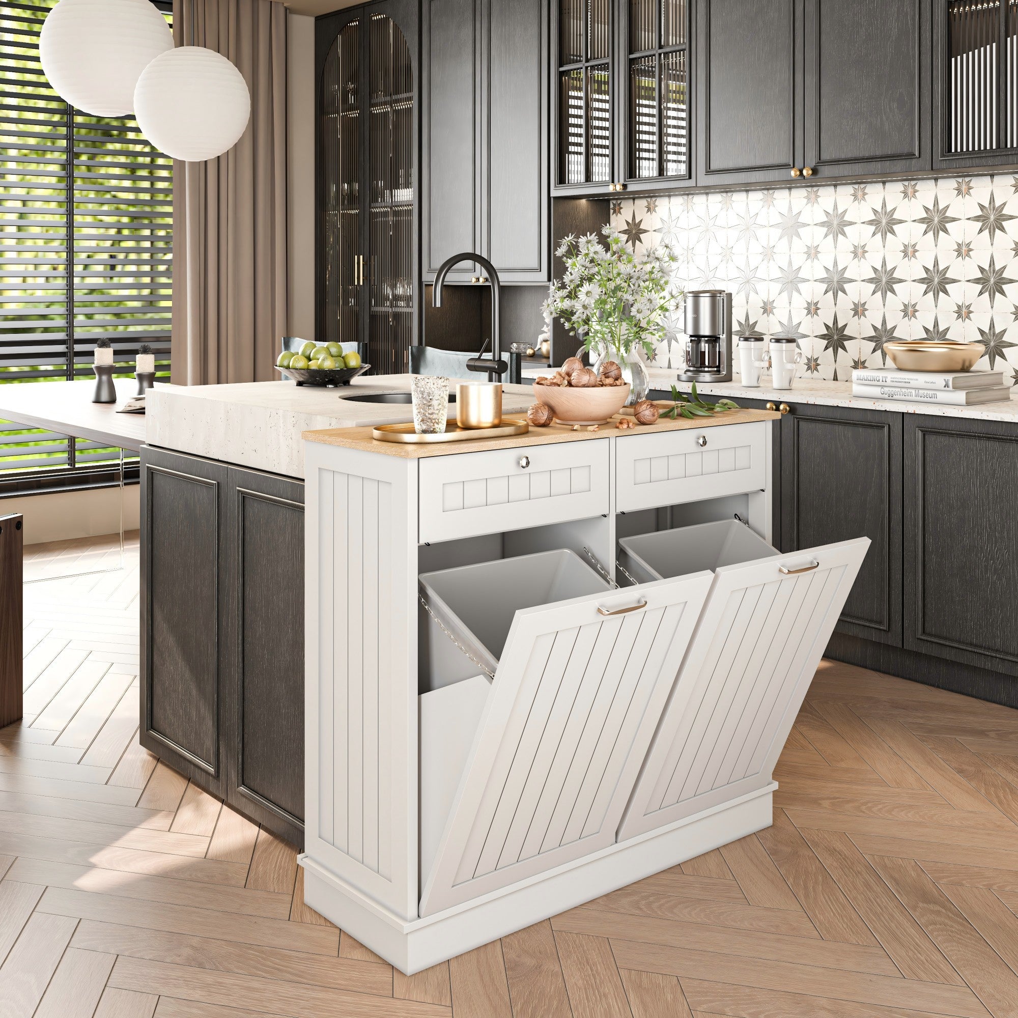 40 in. W x 14 in. D x 36 in. H Ready to Assemble Floor Base Tilt-Out Trash Kitchen Cabinet in White with 2-Drawer