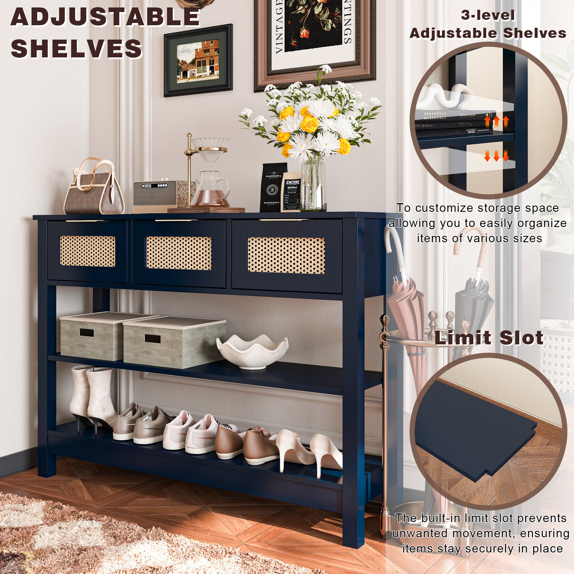 43.3 in. Natural Rectangle Wood Console Table with 3 Top Drawers and 2 Open Shelves