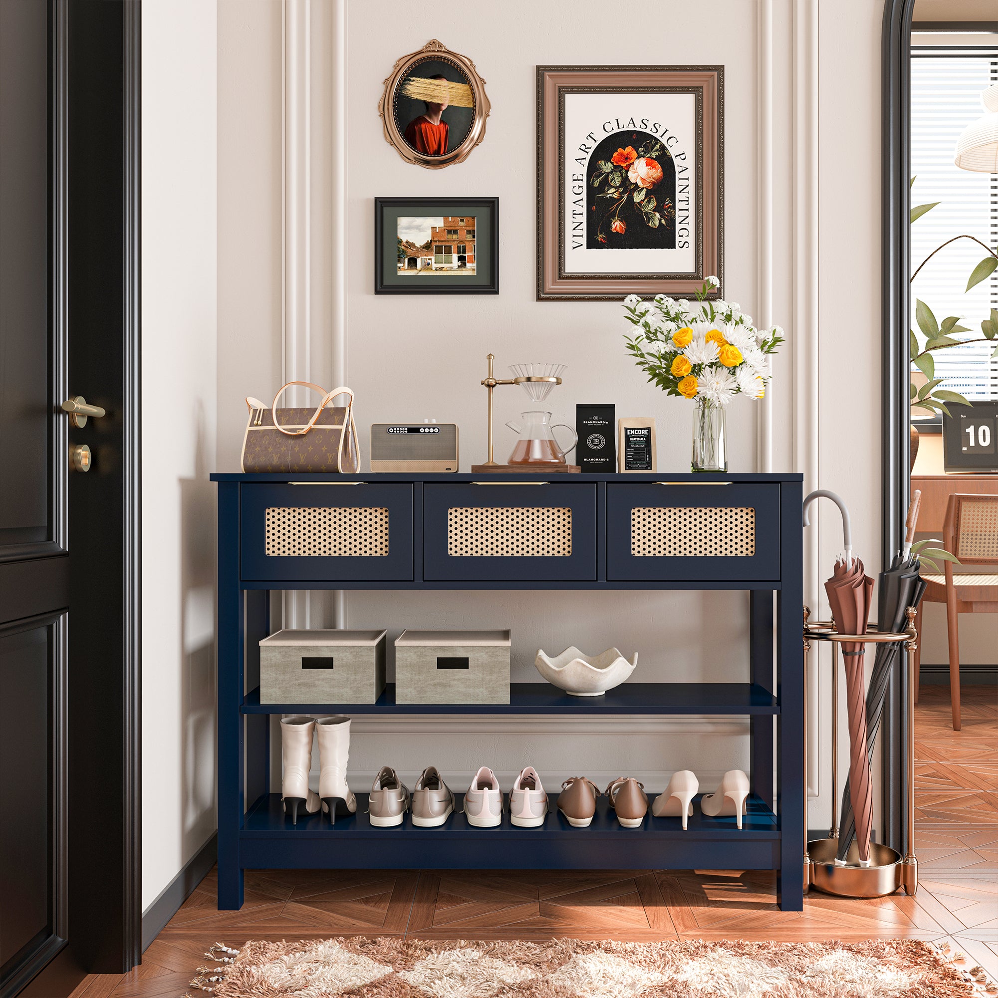 43.3 in. Natural Rectangle Wood Console Table with 3 Top Drawers and 2 Open Shelves