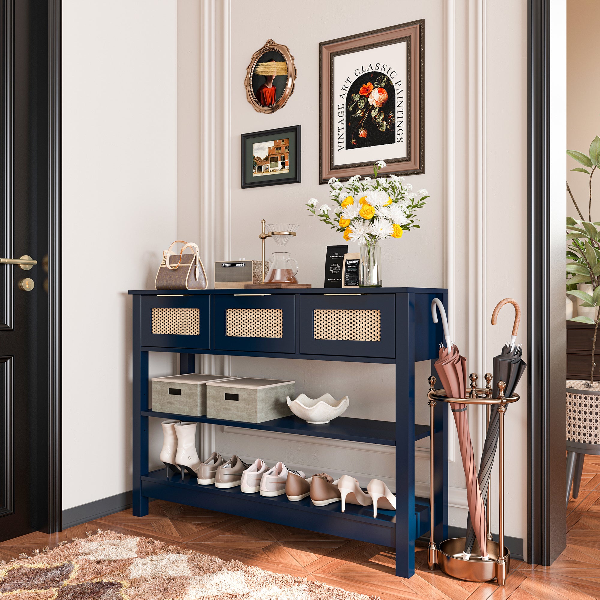 43.3 in. Natural Rectangle Wood Console Table with 3 Top Drawers and 2 Open Shelves