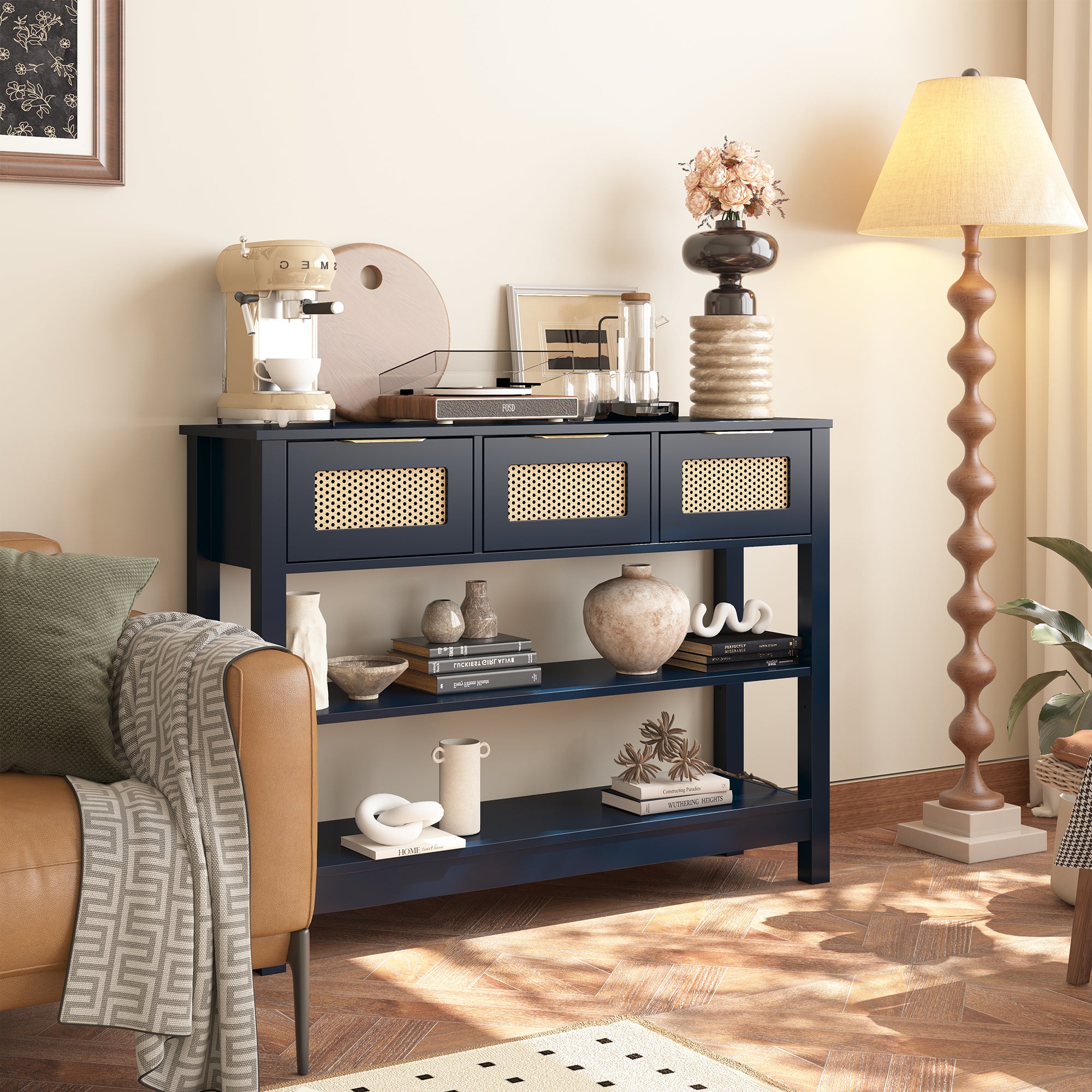 43.3 in. Natural Rectangle Wood Console Table with 3 Top Drawers and 2 Open Shelves