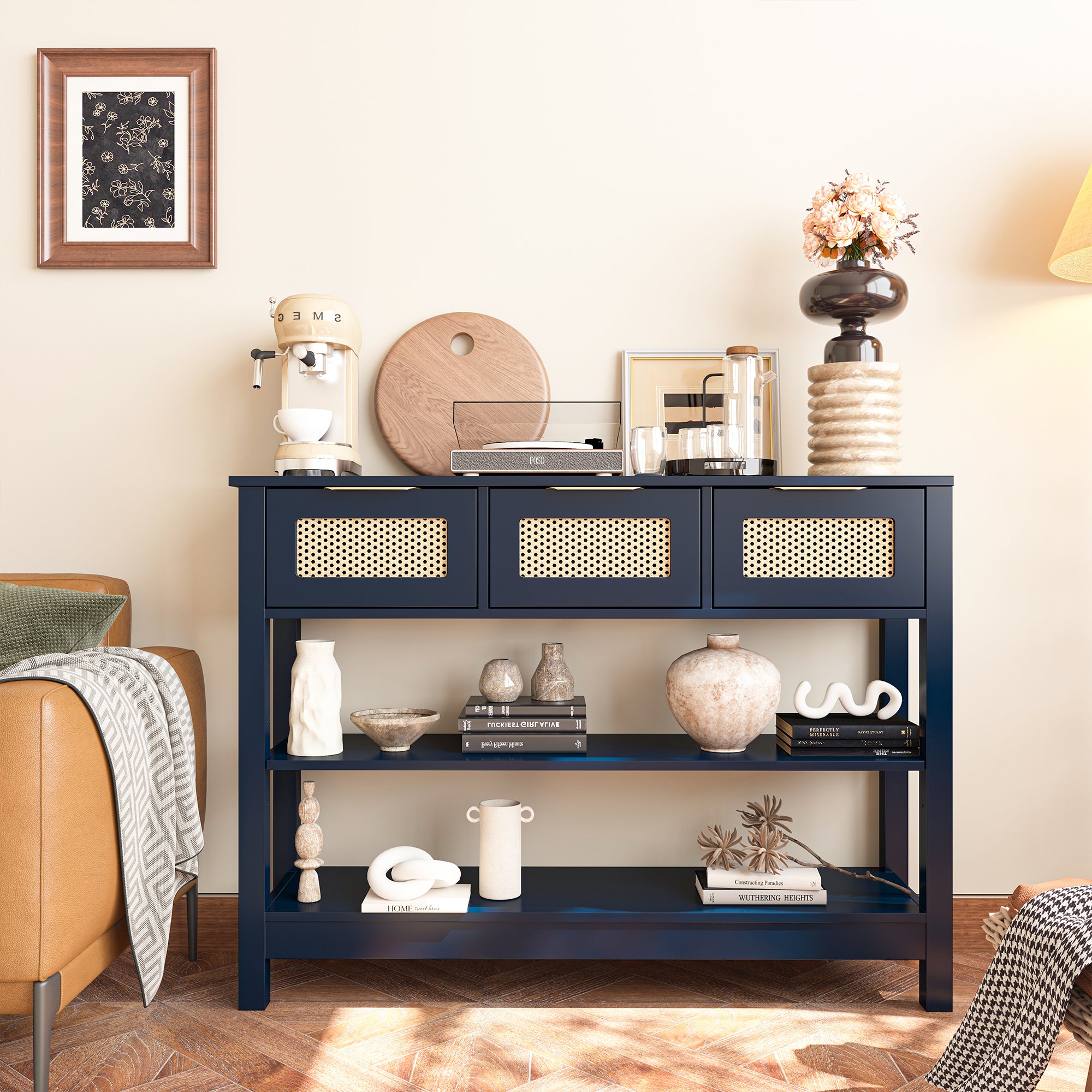 43.3 in. Natural Rectangle Wood Console Table with 3 Top Drawers and 2 Open Shelves