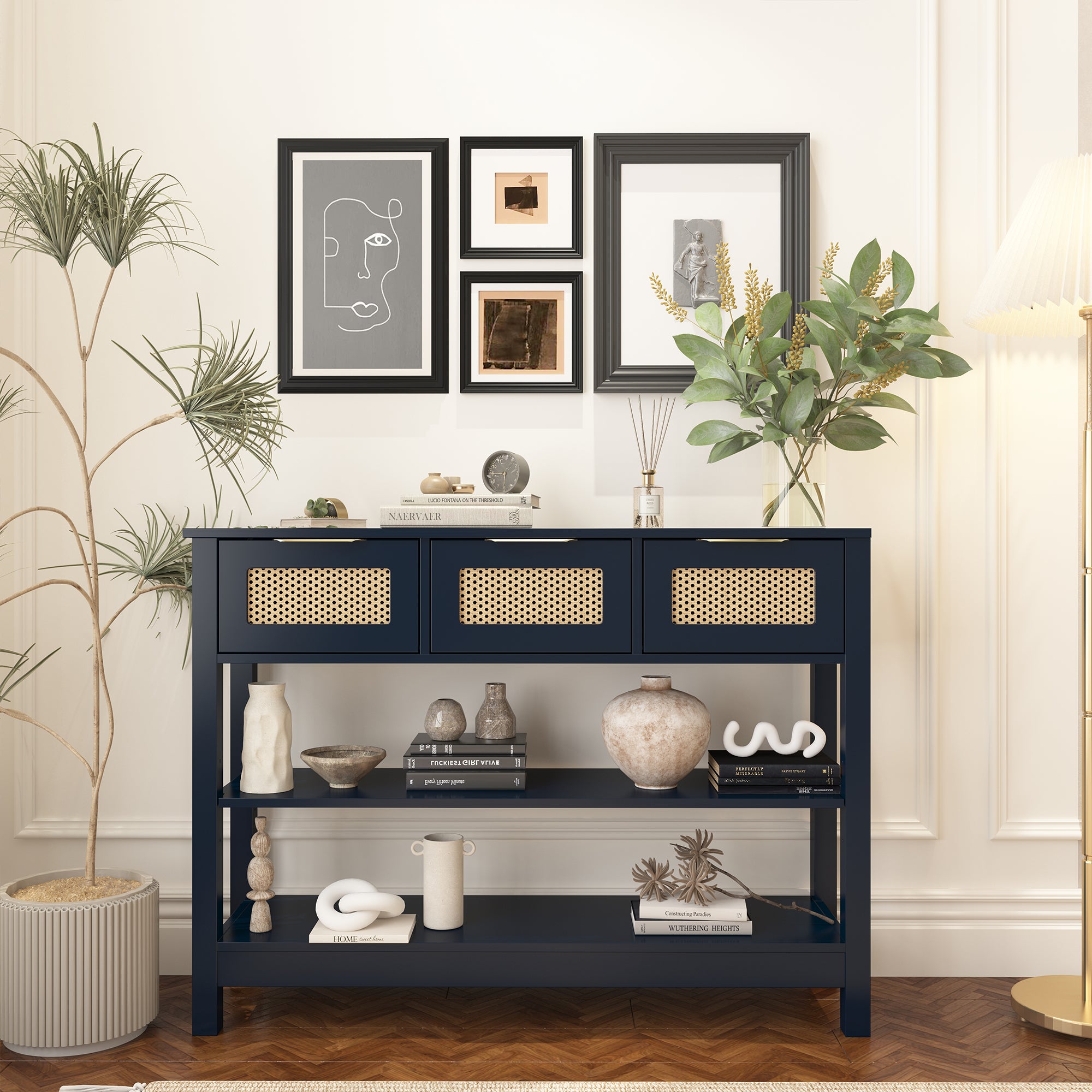 43.3 in. Natural Rectangle Wood Console Table with 3 Top Drawers and 2 Open Shelves