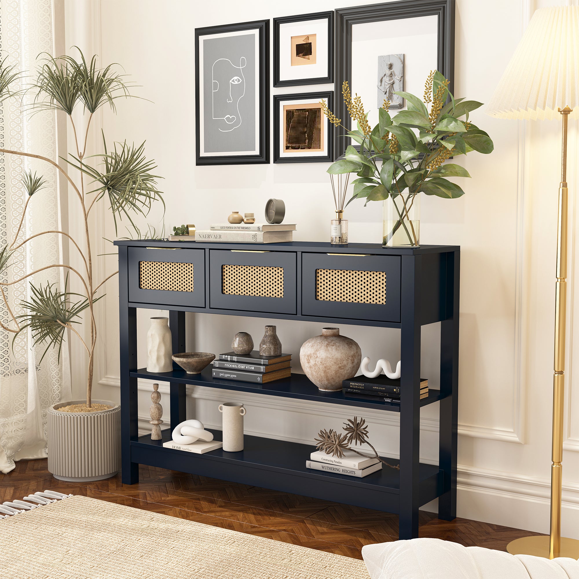 43.3 in. Natural Rectangle Wood Console Table with 3 Top Drawers and 2 Open Shelves