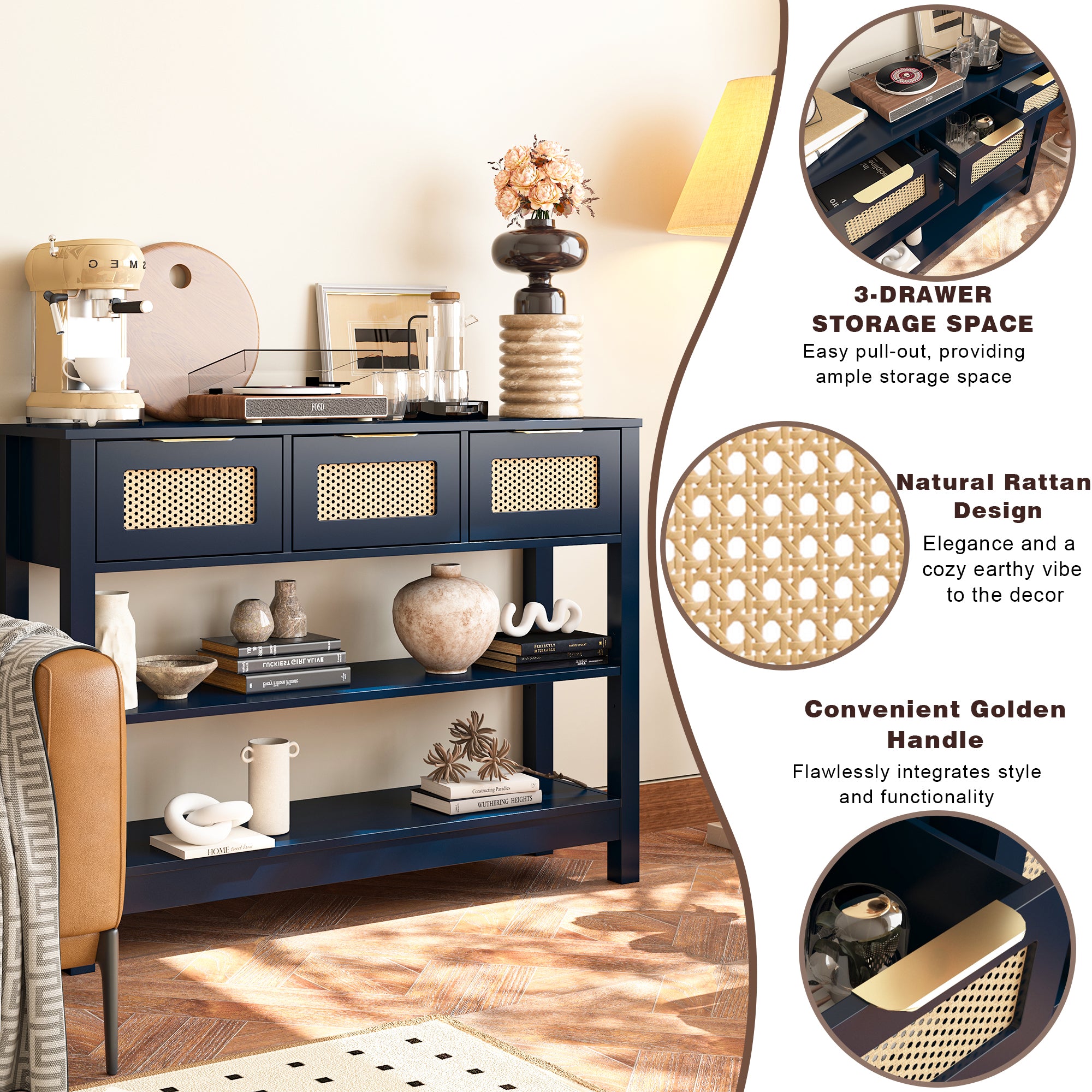 43.3 in. Natural Rectangle Wood Console Table with 3 Top Drawers and 2 Open Shelves
