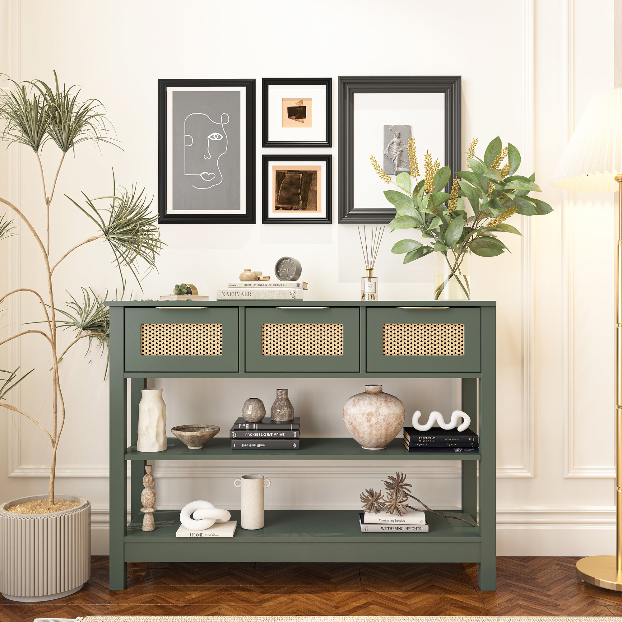 43.3 in. Natural Rectangle Wood Console Table with 3 Top Drawers and 2 Open Shelves