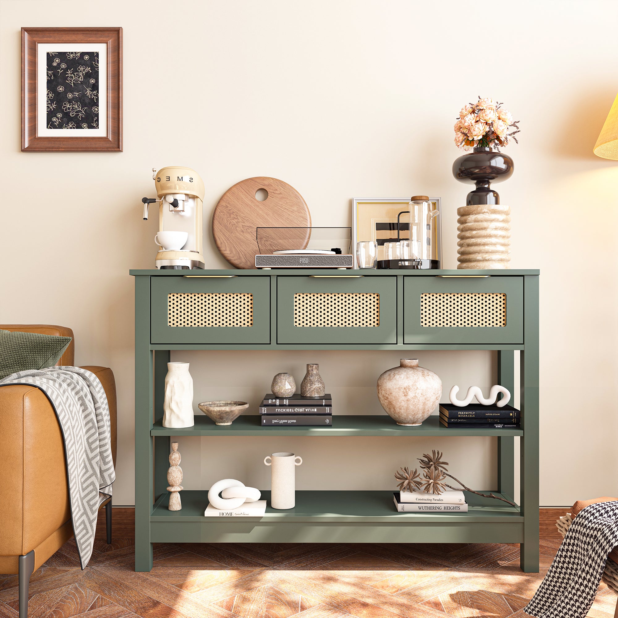 43.3 in. Natural Rectangle Wood Console Table with 3 Top Drawers and 2 Open Shelves