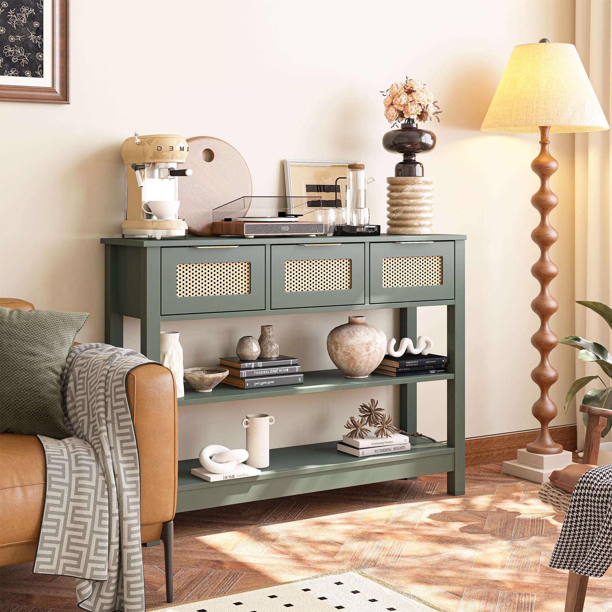 43.3 in. Natural Rectangle Wood Console Table with 3 Top Drawers and 2 Open Shelves