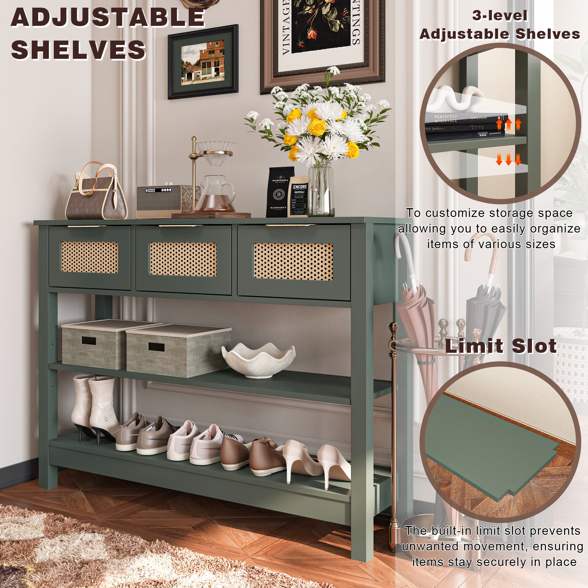 43.3 in. Natural Rectangle Wood Console Table with 3 Top Drawers and 2 Open Shelves