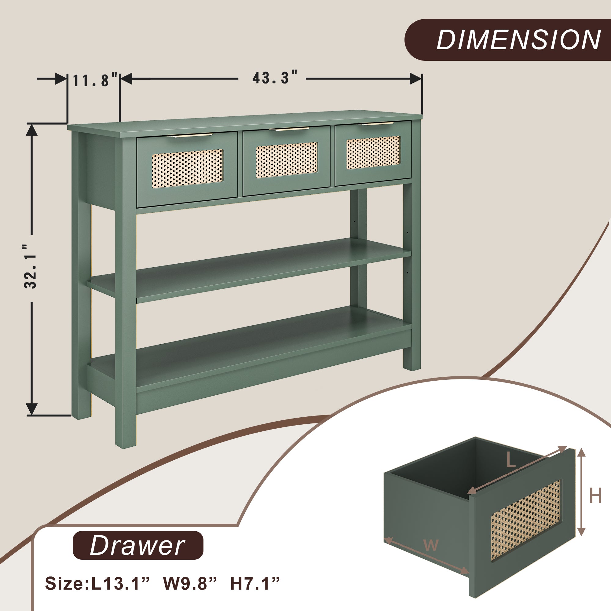 43.3 in. Natural Rectangle Wood Console Table with 3 Top Drawers and 2 Open Shelves