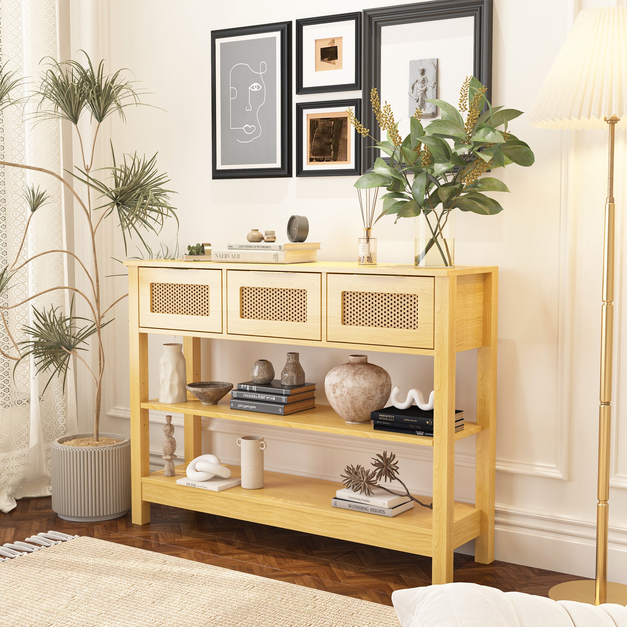 43.3 in. Natural Rectangle Wood Console Table with 3 Top Drawers and 2 Open Shelves
