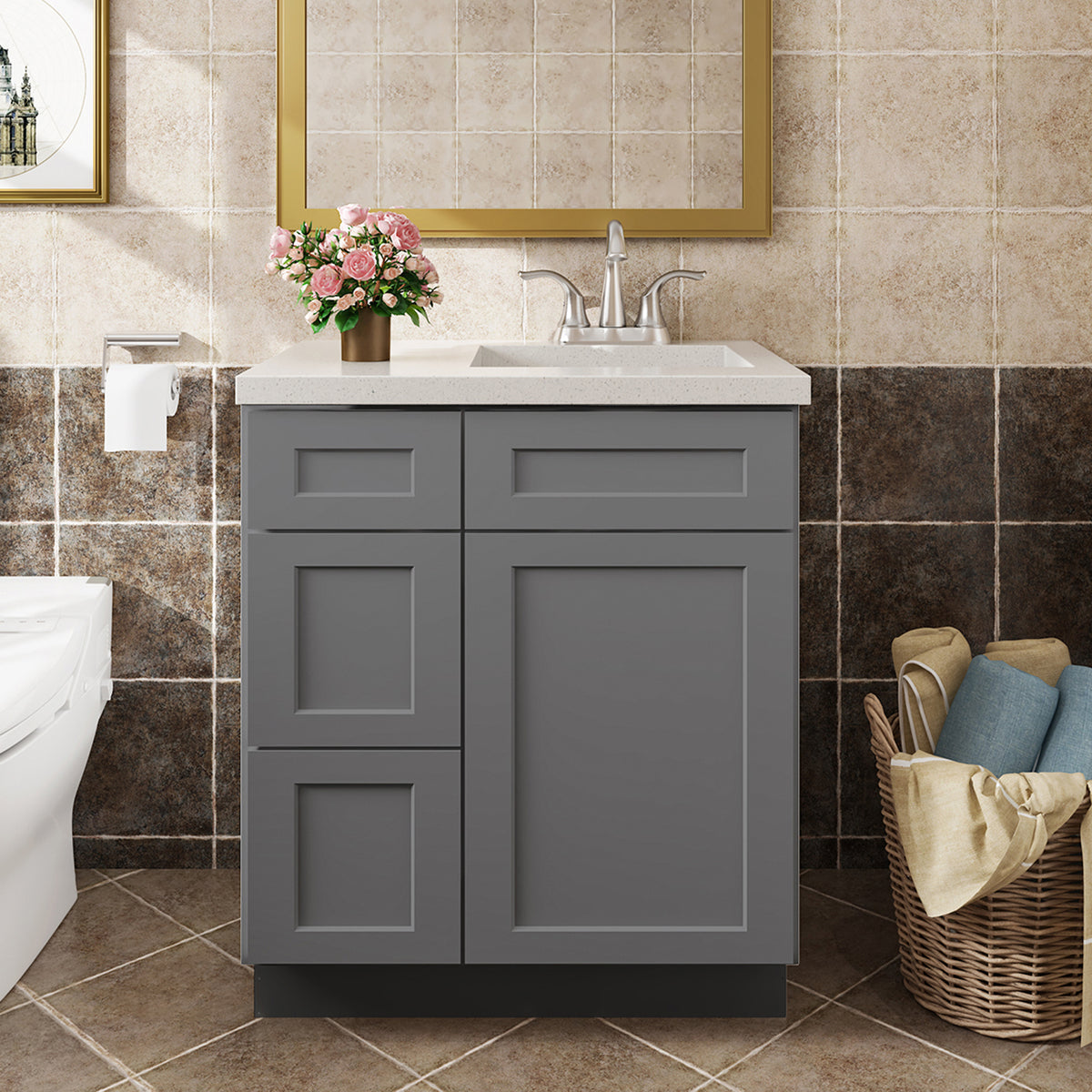 V Series One Left Door Three Drawer Bathroom Vanity Base Cabinet, Kitchen Cabinet
