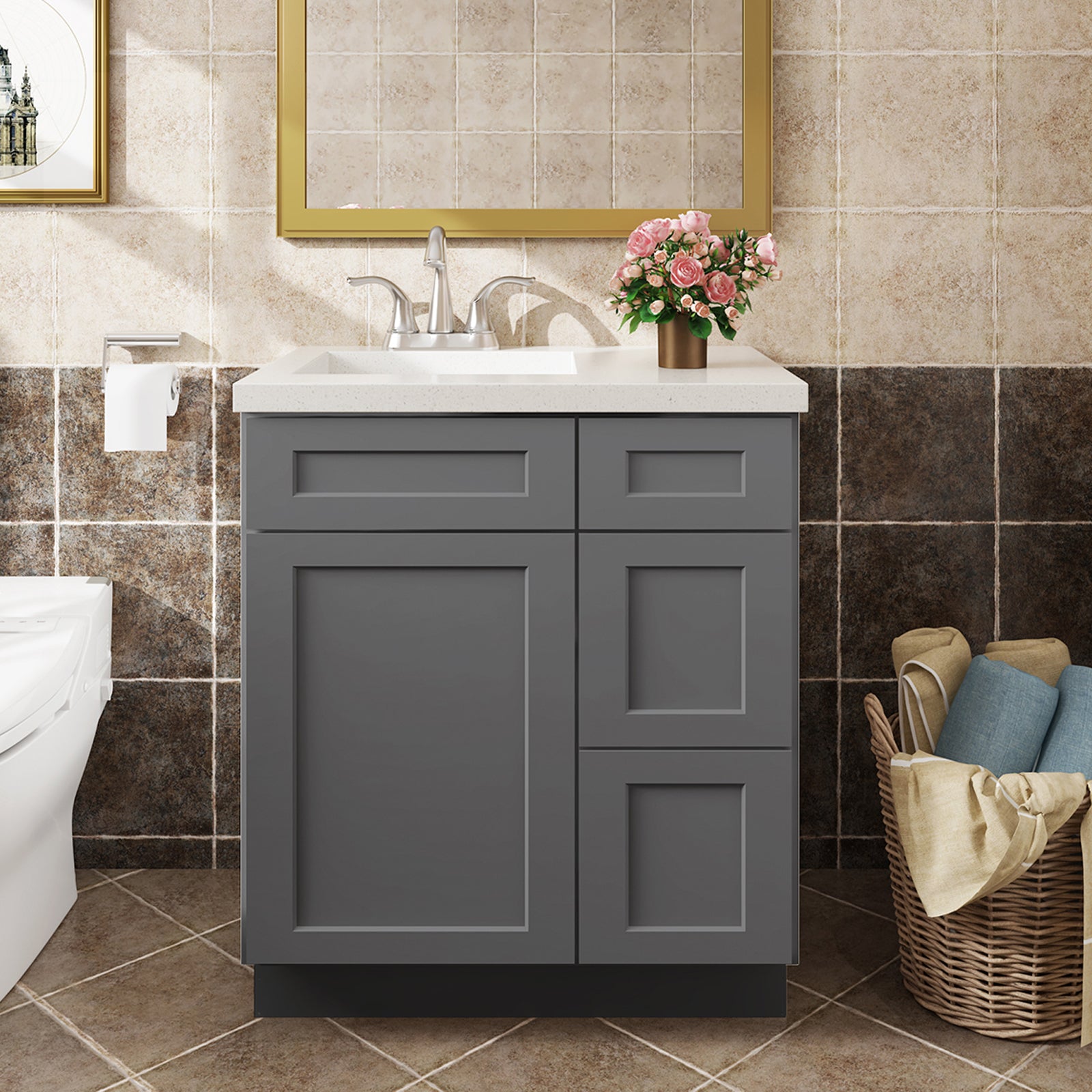 V Series One Left Door Three Drawer Bathroom Vanity Base Cabinet, Kitchen Cabinet