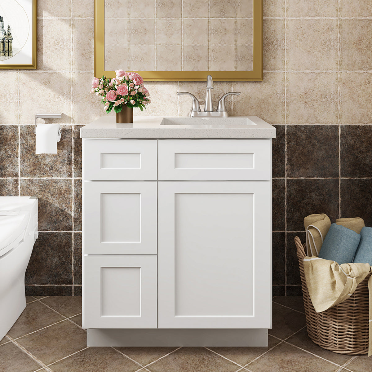 V Series One Left Door Three Drawer Bathroom Vanity Base Cabinet, Kitchen Cabinet