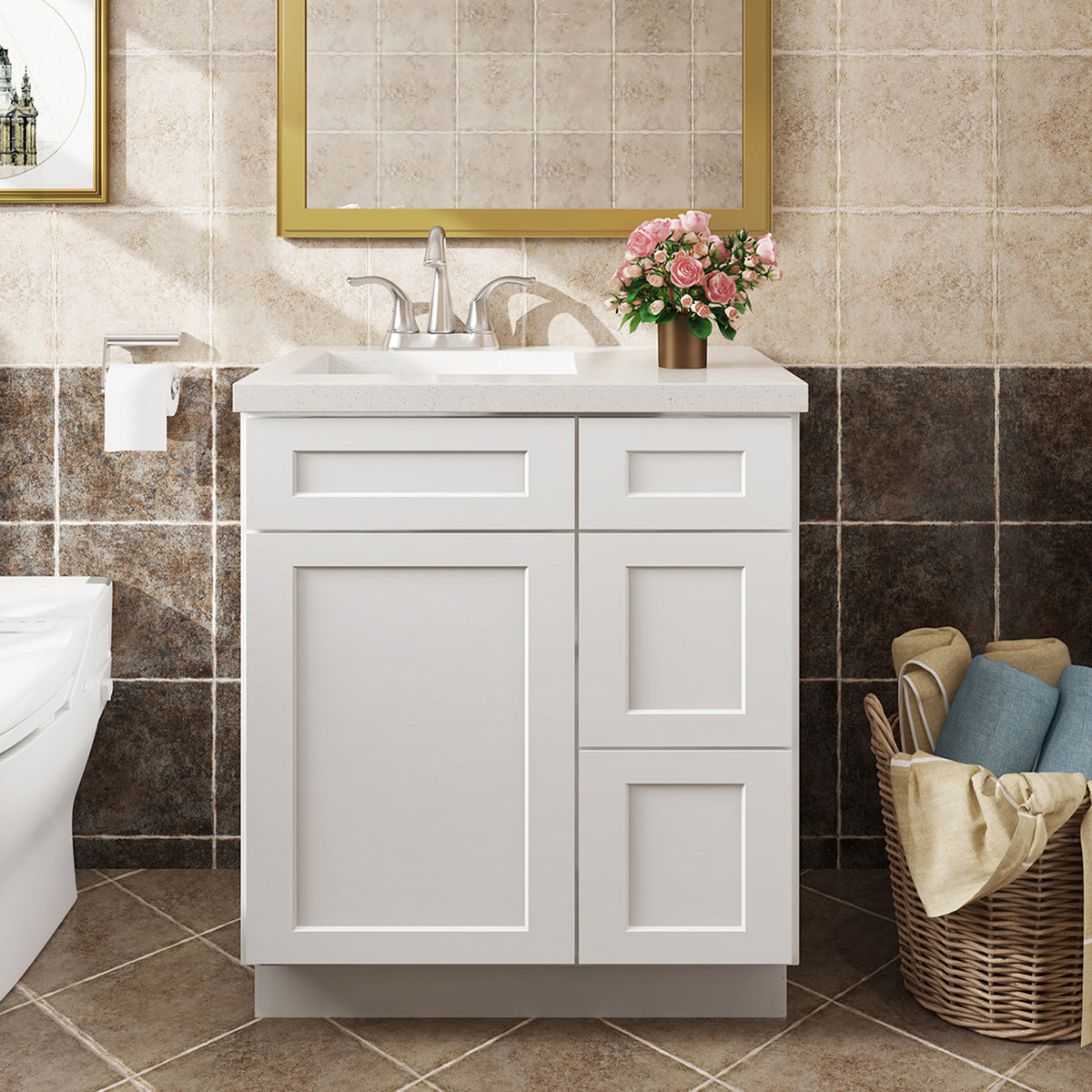 V Series One Left Door Three Drawer Bathroom Vanity Base Cabinet, Kitchen Cabinet