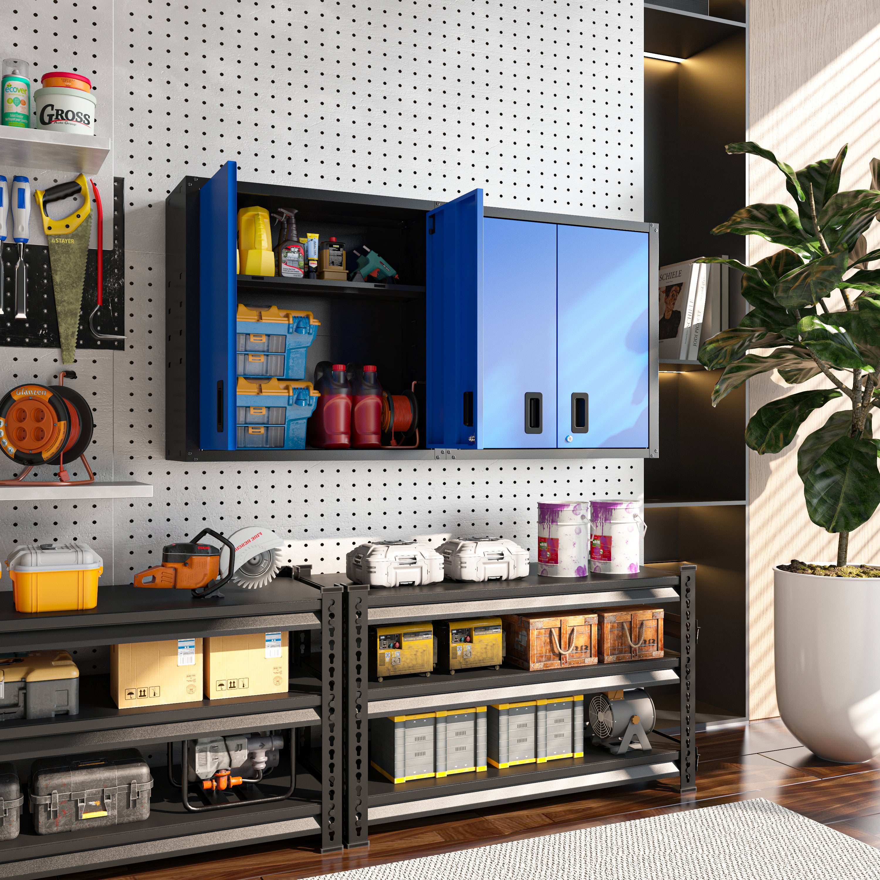 Garage Wall Mounted Storage Cabinet with Two Doors and One Shelf Lockable Metal Wall Cabinet Hanging Tool Cabinet for Garage Utility Room