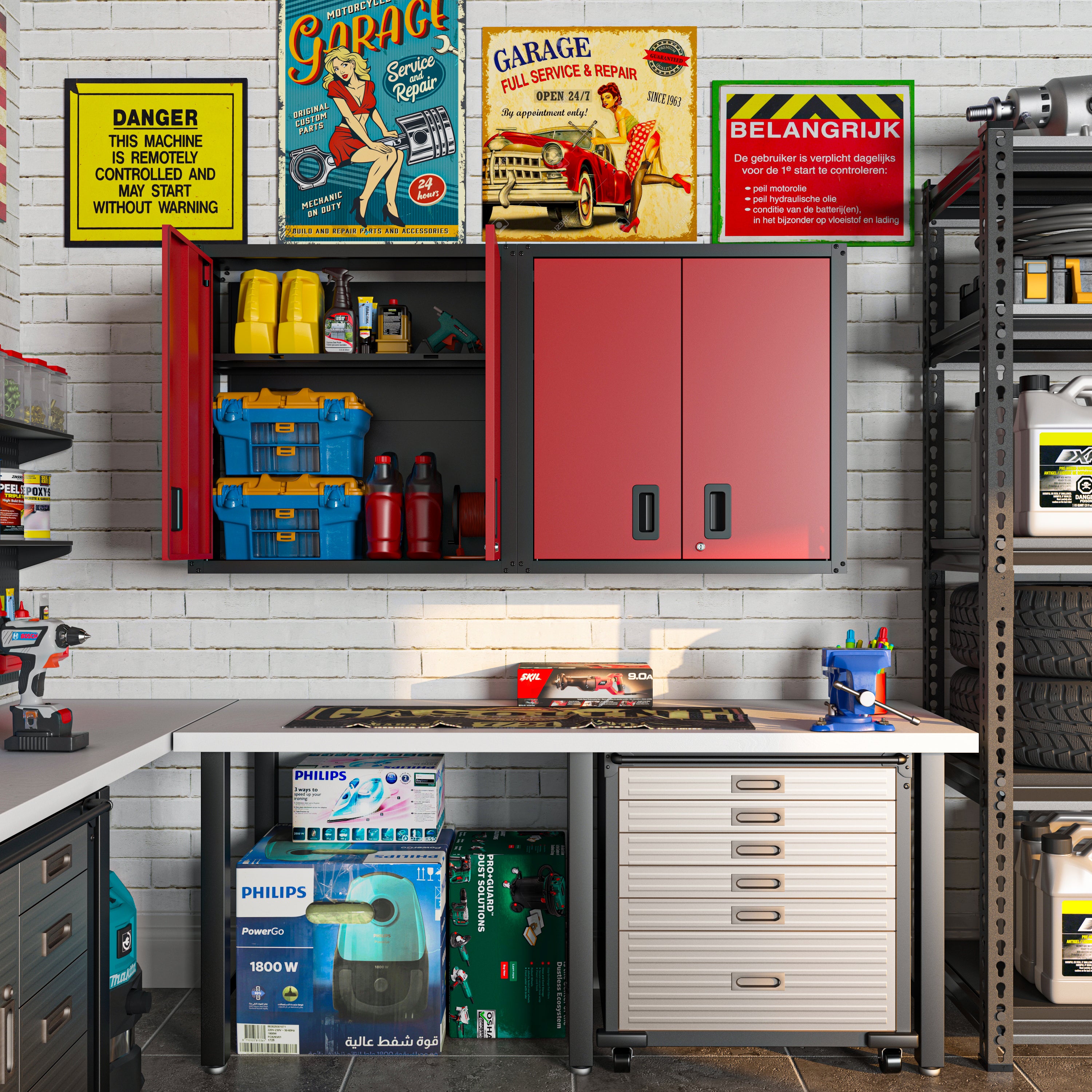 Garage Wall Mounted Storage Cabinet with Two Doors and One Shelf Lockable Metal Wall Cabinet Hanging Tool Cabinet for Garage Utility Room