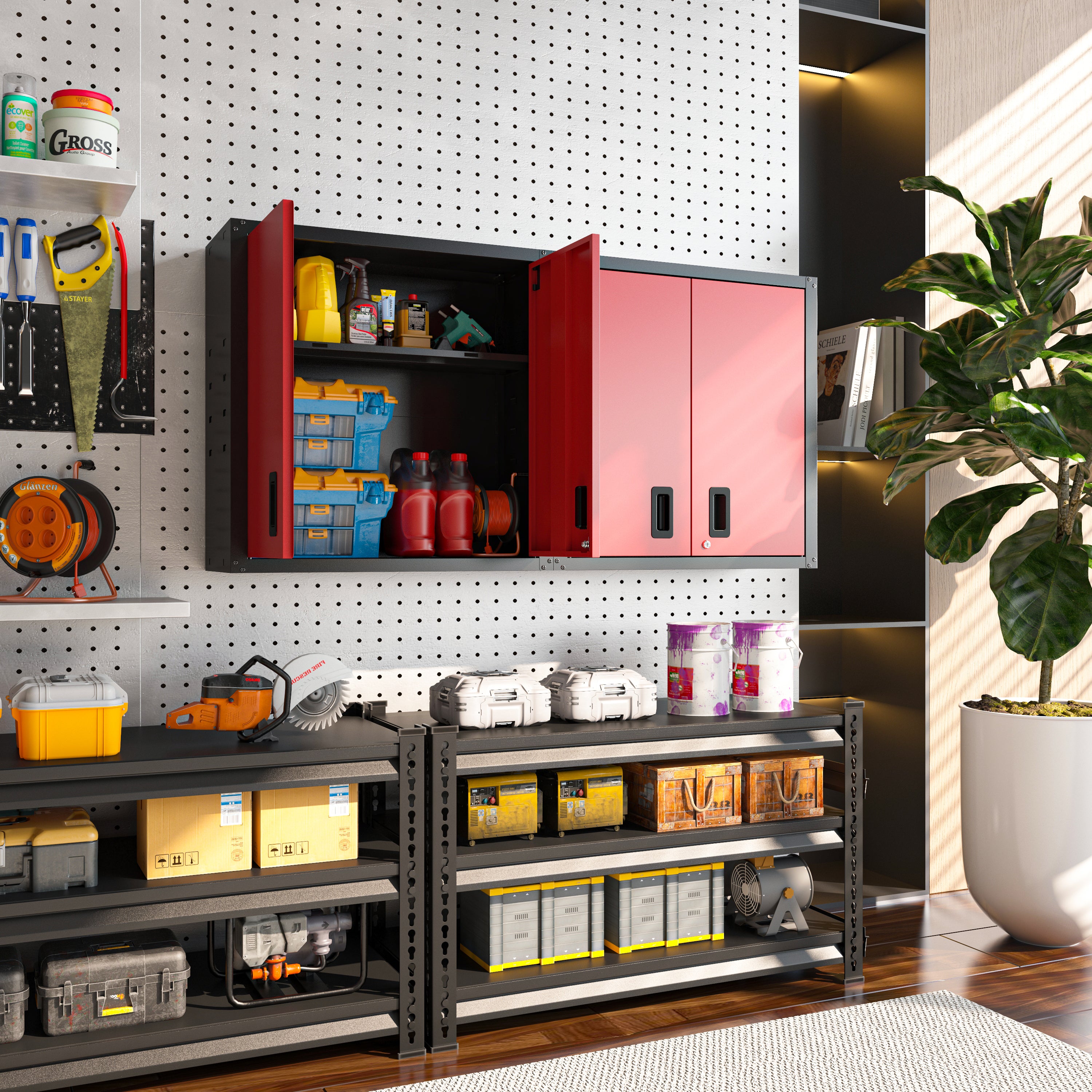 Garage Wall Mounted Storage Cabinet with Two Doors and One Shelf Lockable Metal Wall Cabinet Hanging Tool Cabinet for Garage Utility Room