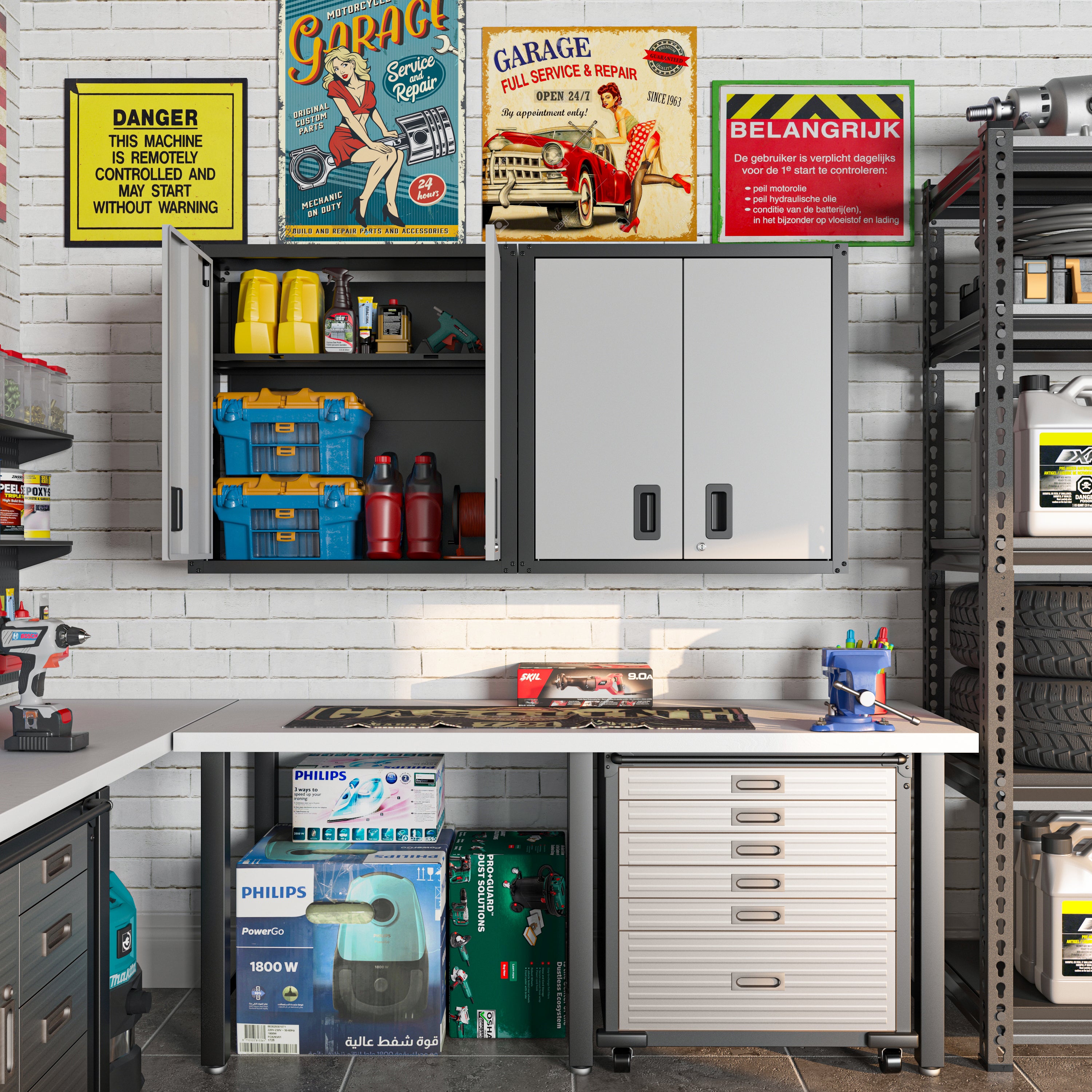 Garage Wall Mounted Storage Cabinet with Two Doors and One Shelf Lockable Metal Wall Cabinet Hanging Tool Cabinet for Garage Utility Room