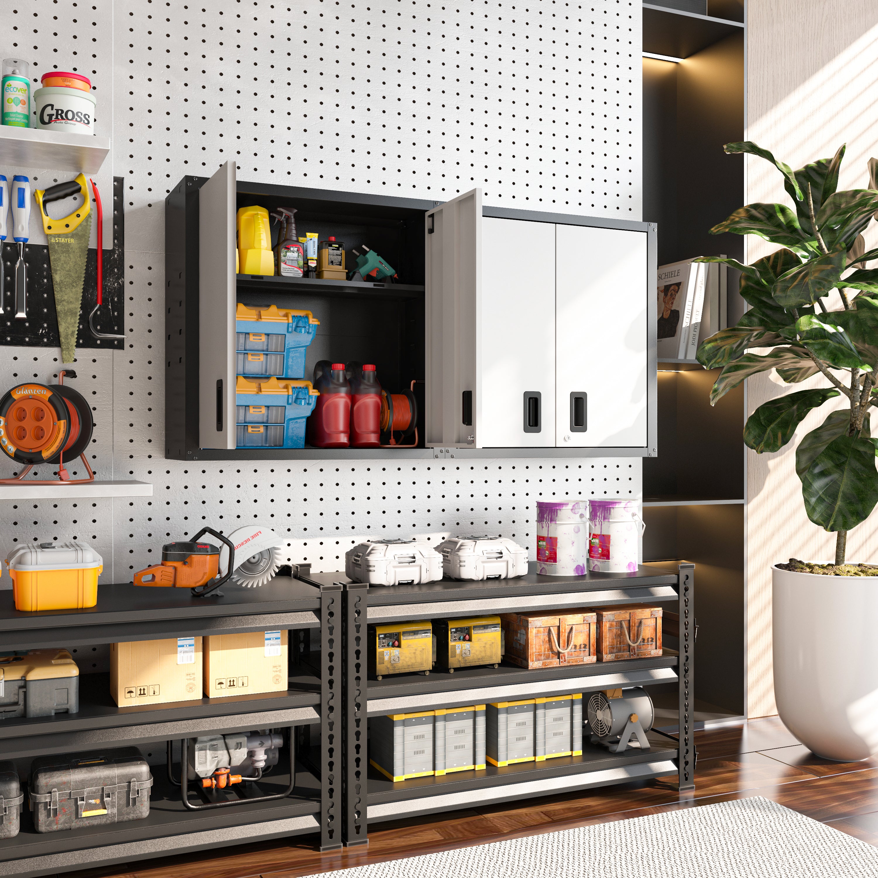 Garage Wall Mounted Storage Cabinet with Two Doors and One Shelf Lockable Metal Wall Cabinet Hanging Tool Cabinet for Garage Utility Room