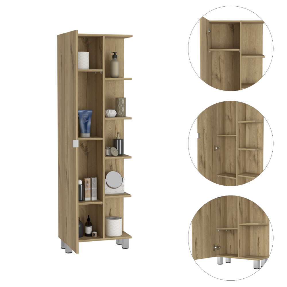 Urano Mirror Linen Cabinet, Four Interior  Shelves, Five External Shelves -Light Oak