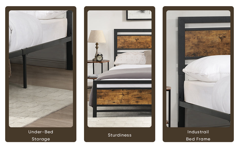Full Size Metal Platform Bed Frame with Wood Headboard and Footboard, Heavy Duty Mattress Foundation with Slat Support, Easy Assembly, Noise-Free, No Box Spring Needed