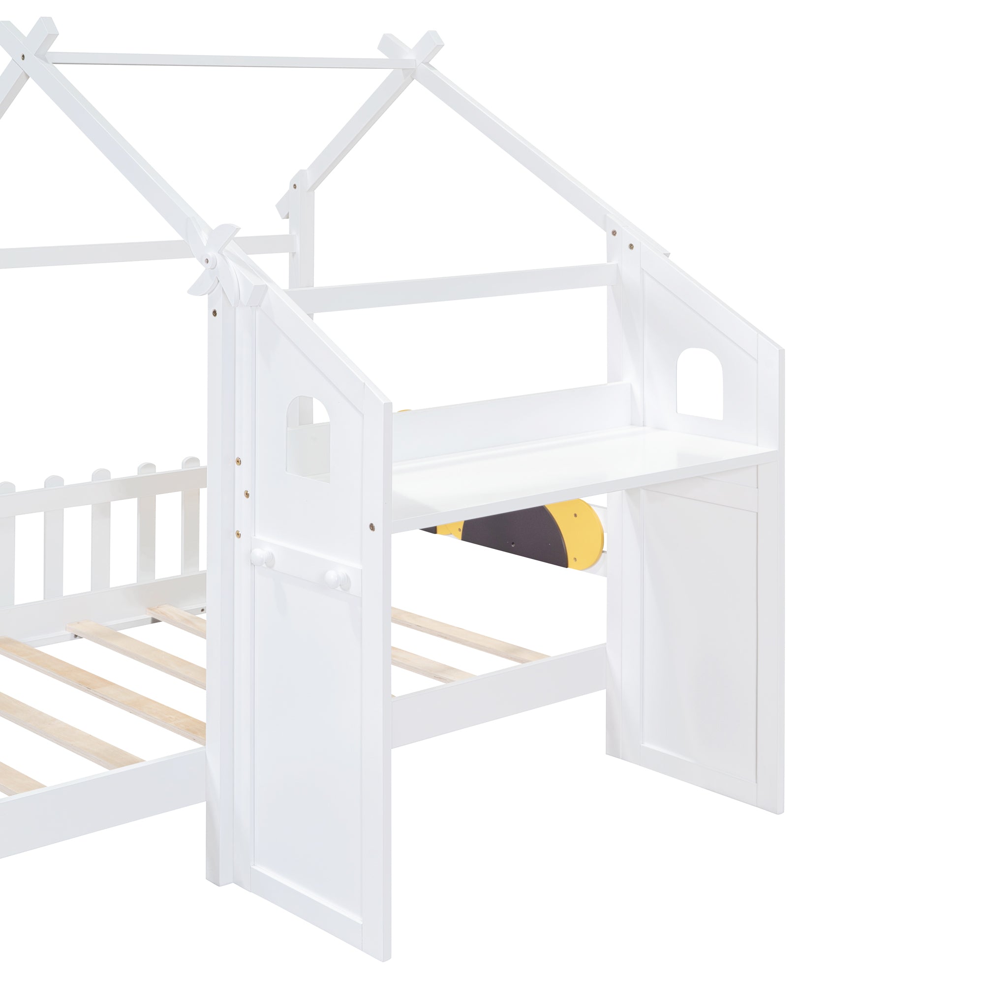 Twin Size Platform Bed with Windmill and Flower Decor, House Bed with Desk and two Handles, White